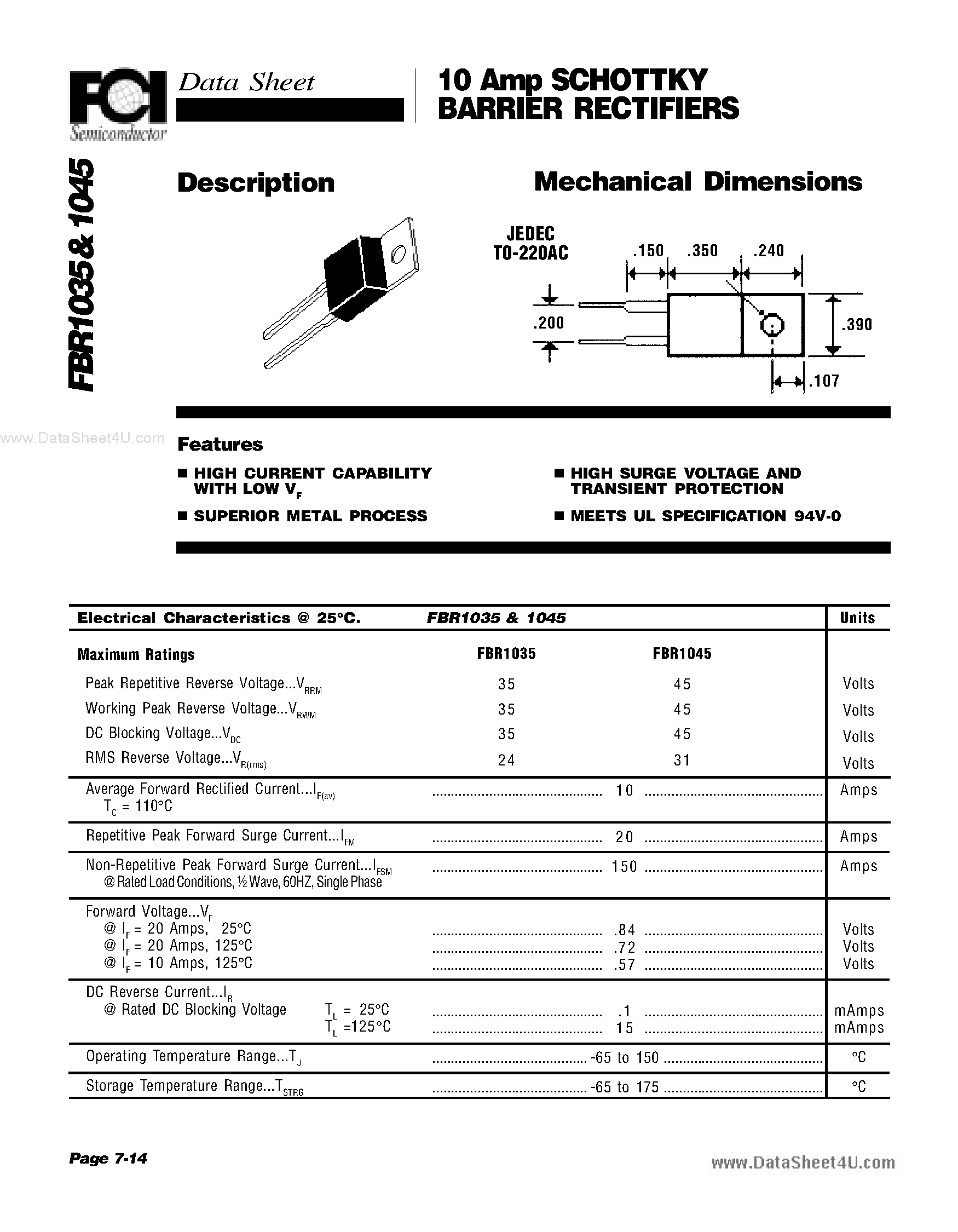 Datasheet FBR1035 page 1 Datasheet FBR1035 - (FBR1035 / FBR1045) 10 Amp SCHOTTKY BARRIER RECTIFIERS page 1