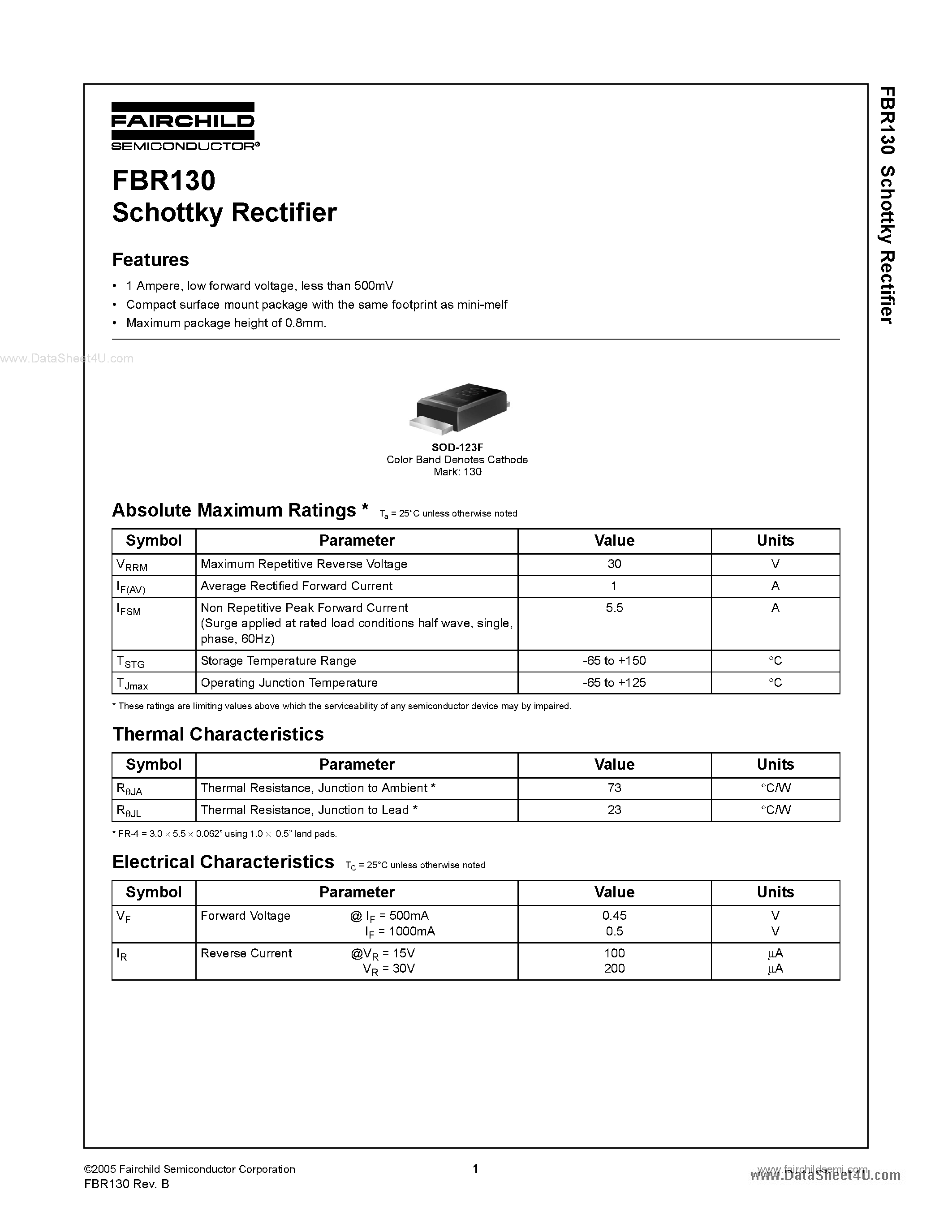 Datasheet FBR130 - Schottky Rectifier page 1