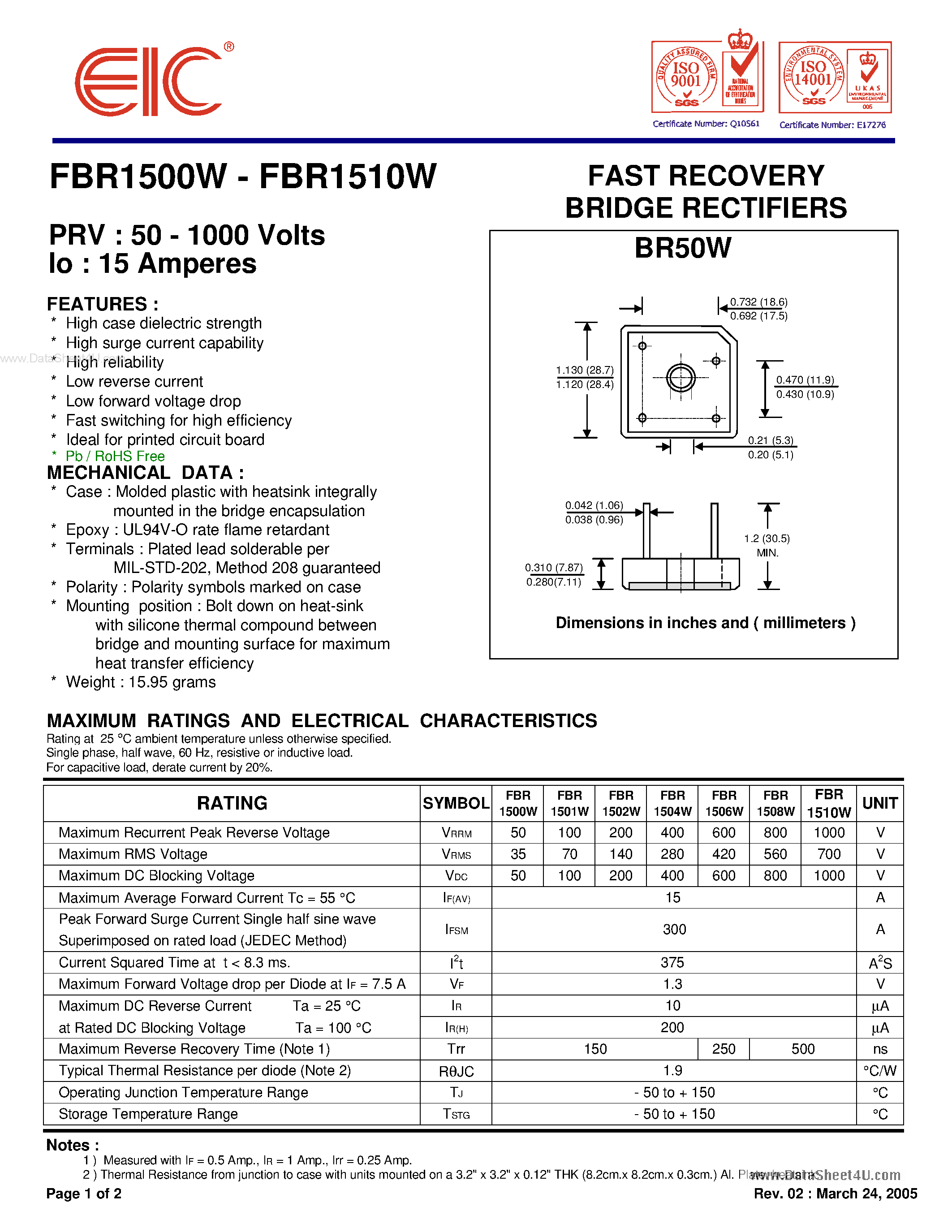 Datasheet FBR1500W - (FBR1500W - FBR1510W) FAST RECOVERY BRIDGE RECTIFIERS page 1