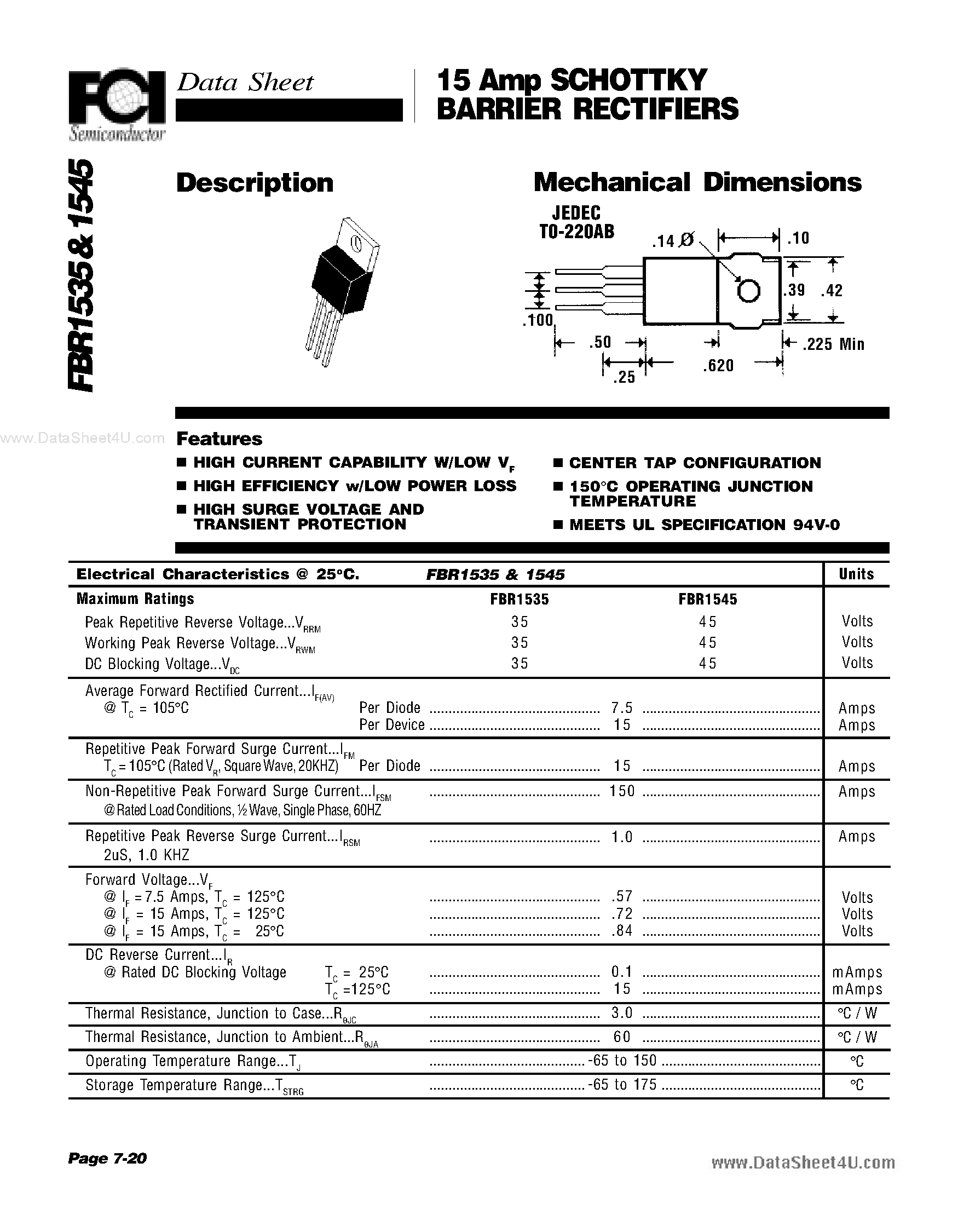 Datasheet FBR1535 page 1 Datasheet FBR1535 - (FBR1535 / FBR1545) 15 Amp SCHOTTKY BARRIER RECTIFIERS page 1