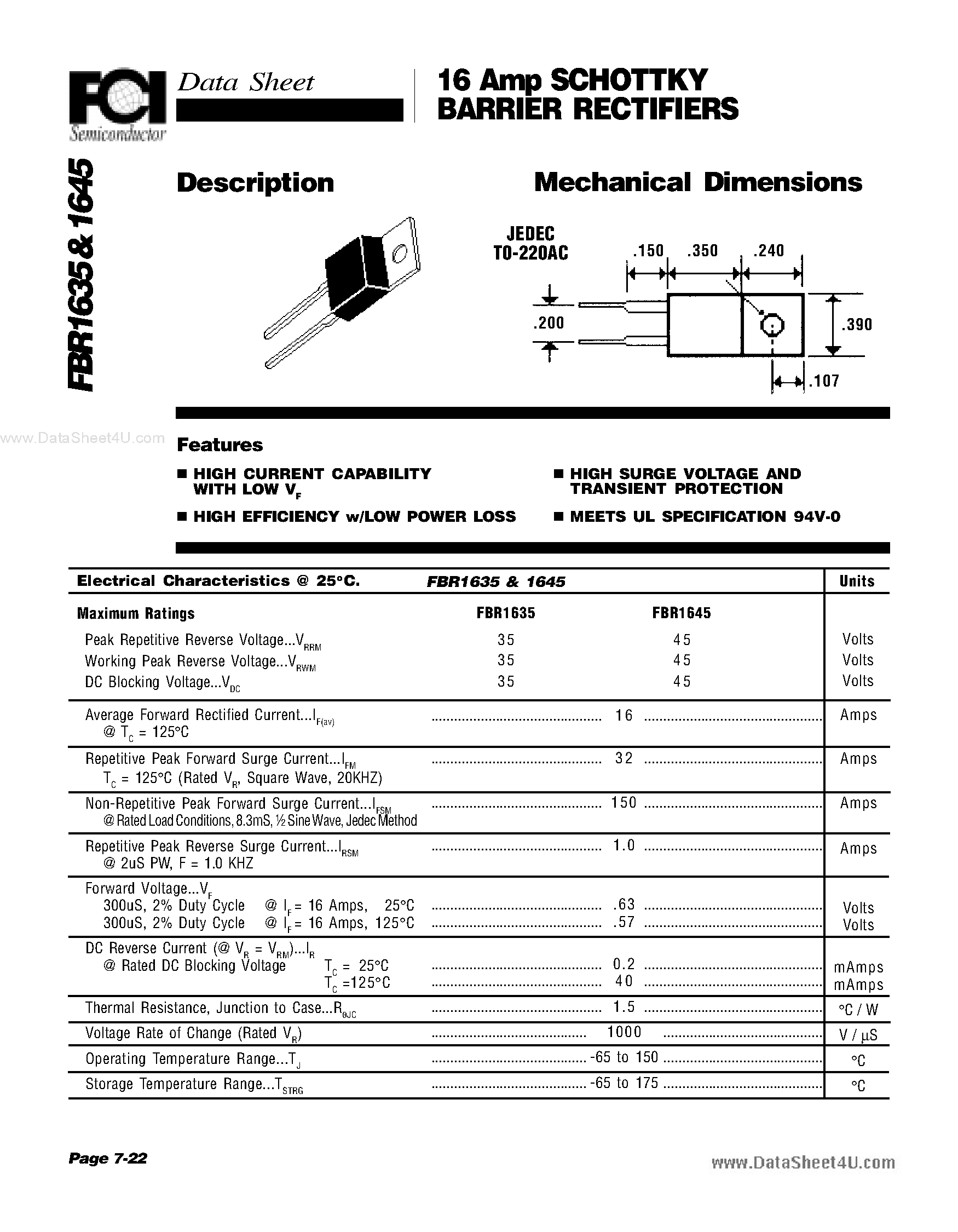 Datasheet FBR1635 page 1 Datasheet FBR1635 - (FBR1635 / FBR1645) 16 Amp SCHOTTKY BARRIER RECTIFIERS page 1