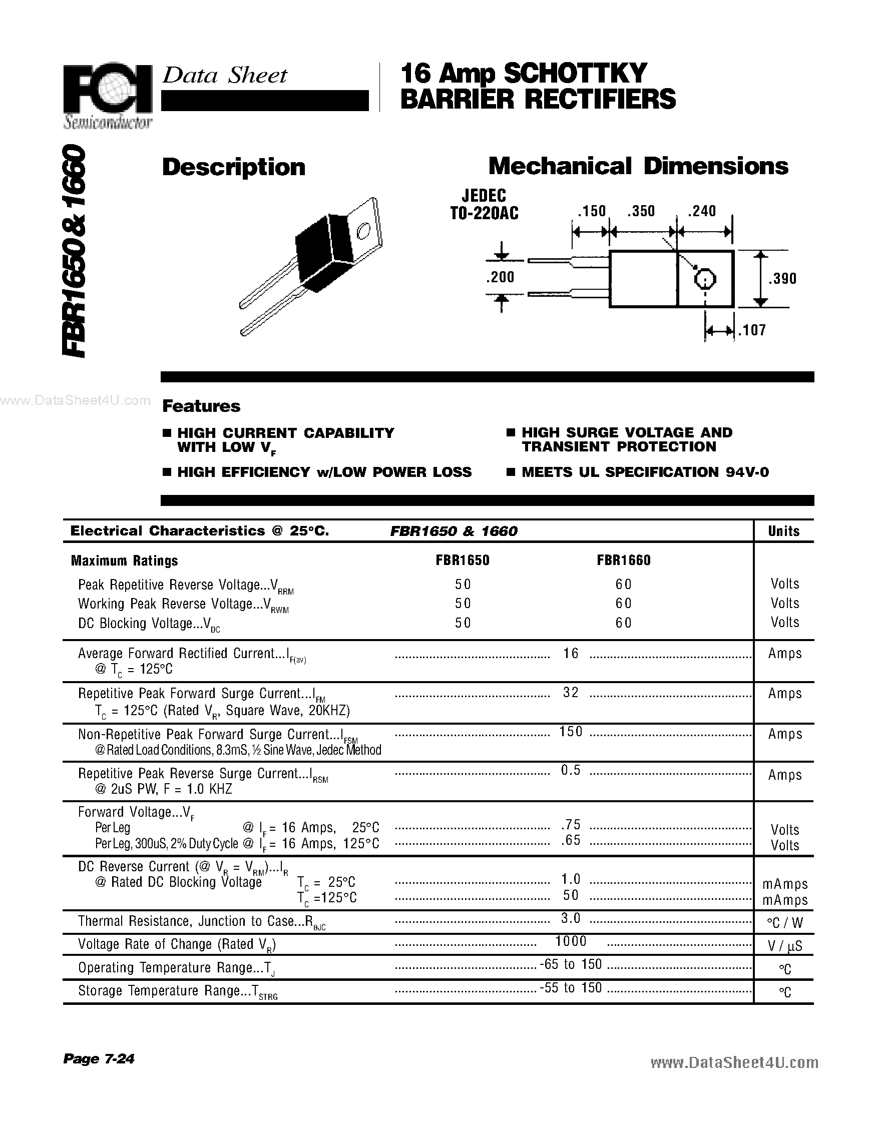 Datasheet FBR1650 page 1 Datasheet FBR1650 - (FBR1650 / FBR1660) 16 Amp SCHOTTKY BARRIER RECTIFIERS page 1