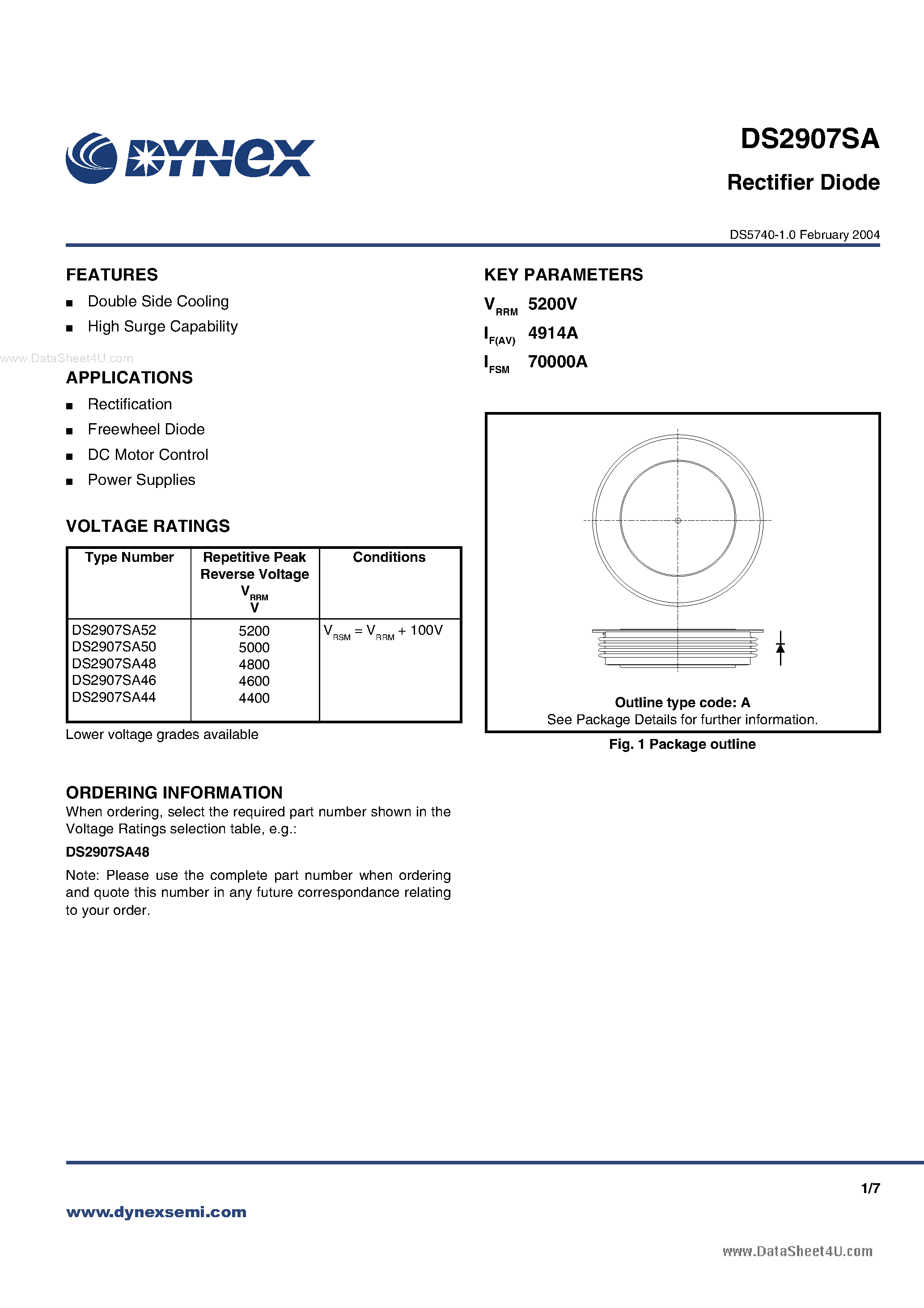 Datasheet DS2907SA page 1 Datasheet DS2907SA - Rectifier Diodes page 1