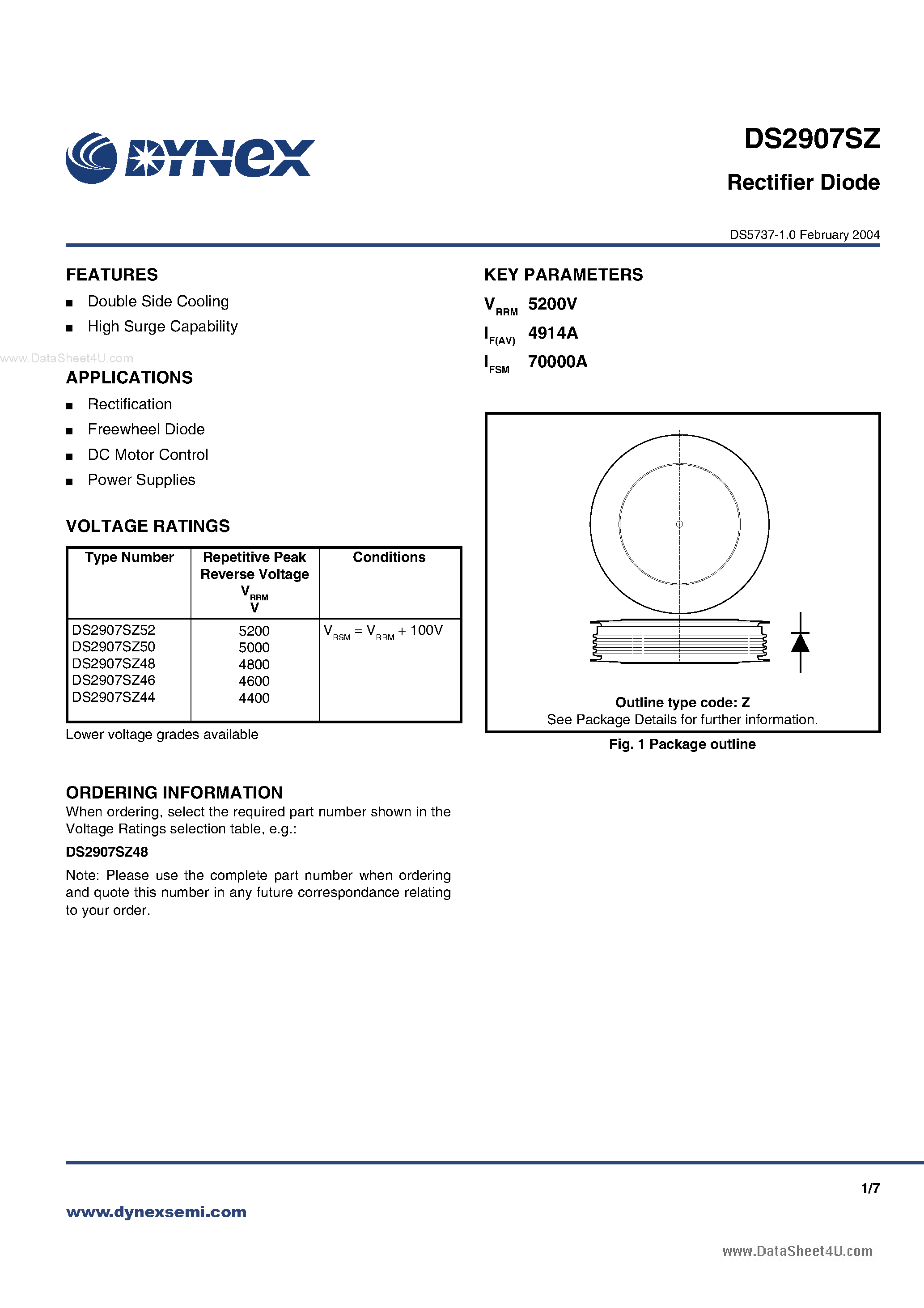 Datasheet DS2907SZ page 1 Datasheet DS2907SZ - Rectifier Diodes page 1