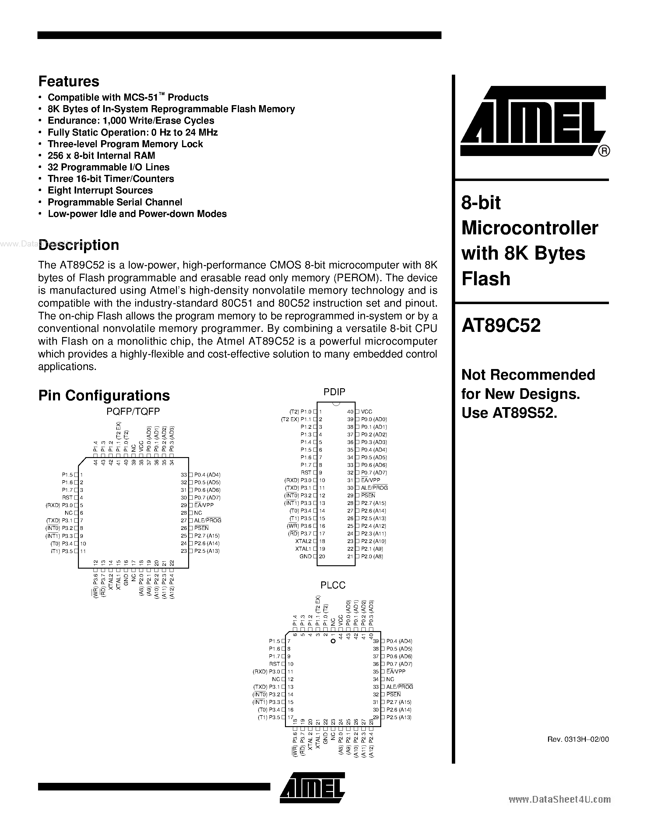 Даташит ATMEL89C52 - 8-Bit Microcontroller страница 1