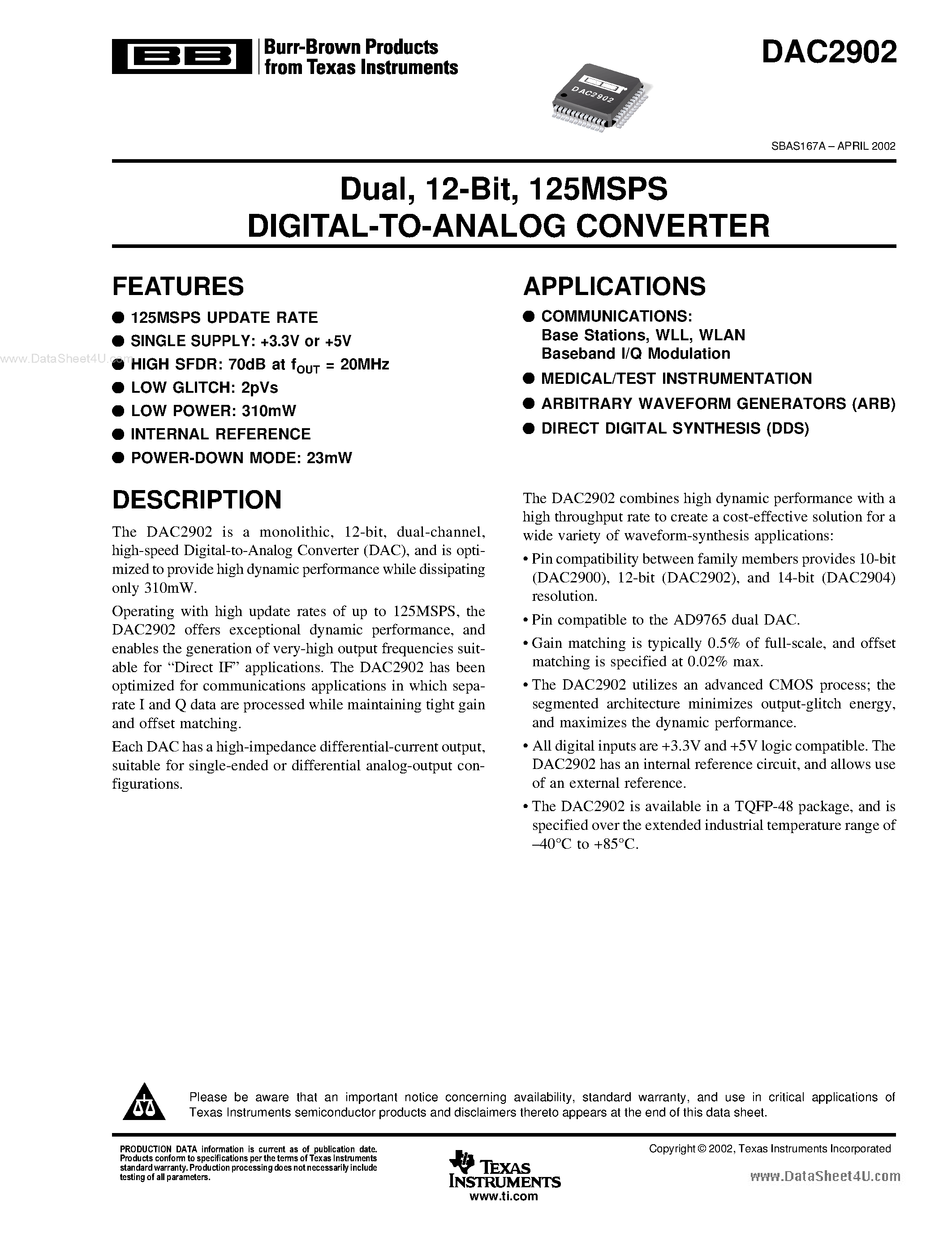 Datasheet DAC2902 page 1 Datasheet DAC2902 - 125MSPS DIGITAL-TO-ANALOG CONVERTER page 1