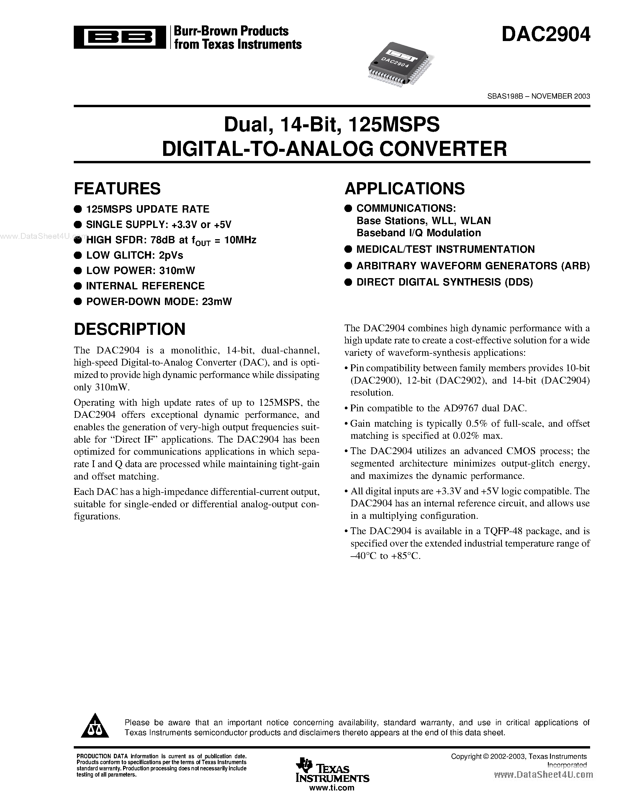 Datasheet DAC2904 - 125MSPS DIGITAL-TO-ANALOG CONVERTER page 1