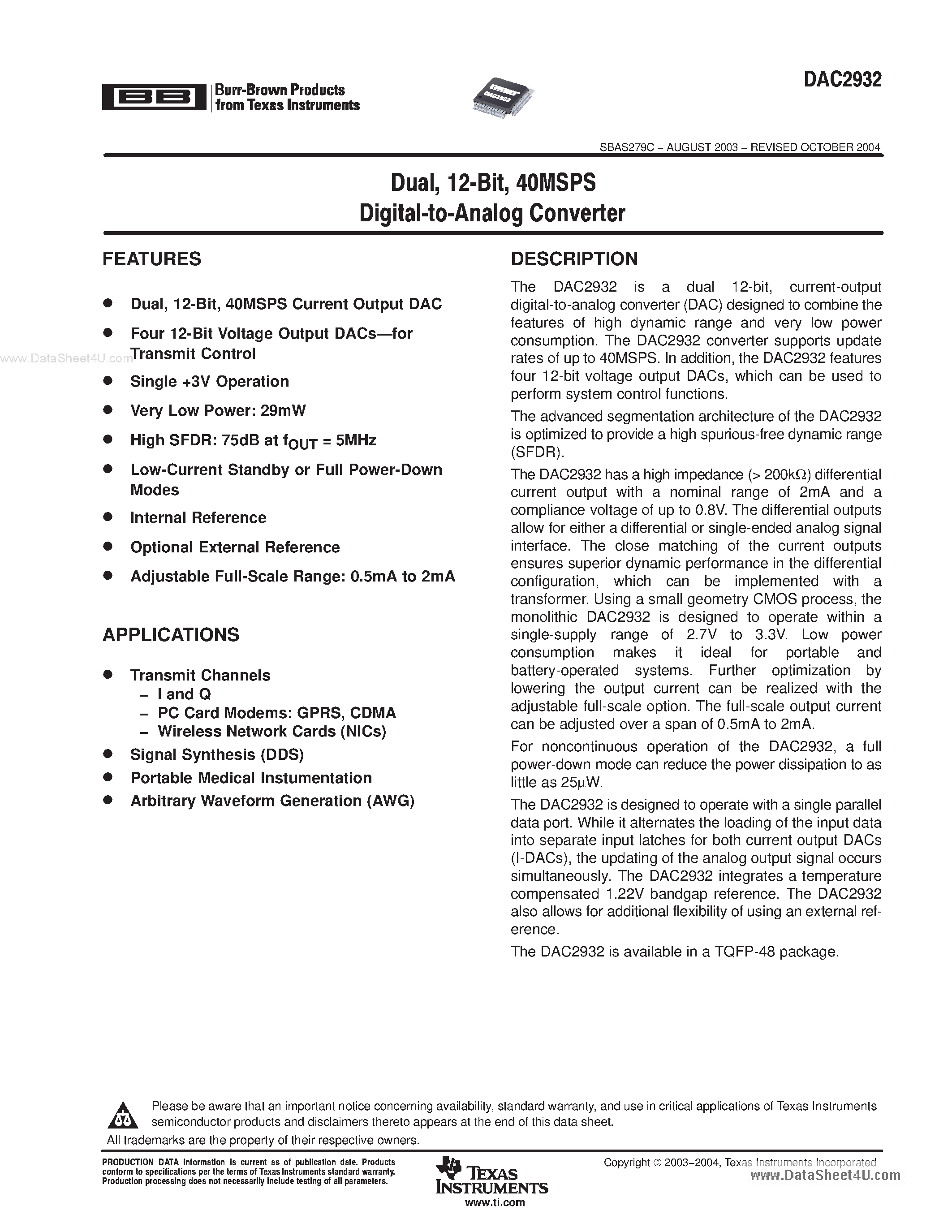 Datasheet DAC2932 - 40MSPS DIGITAL-TO-ANALOG CONVERTER page 1