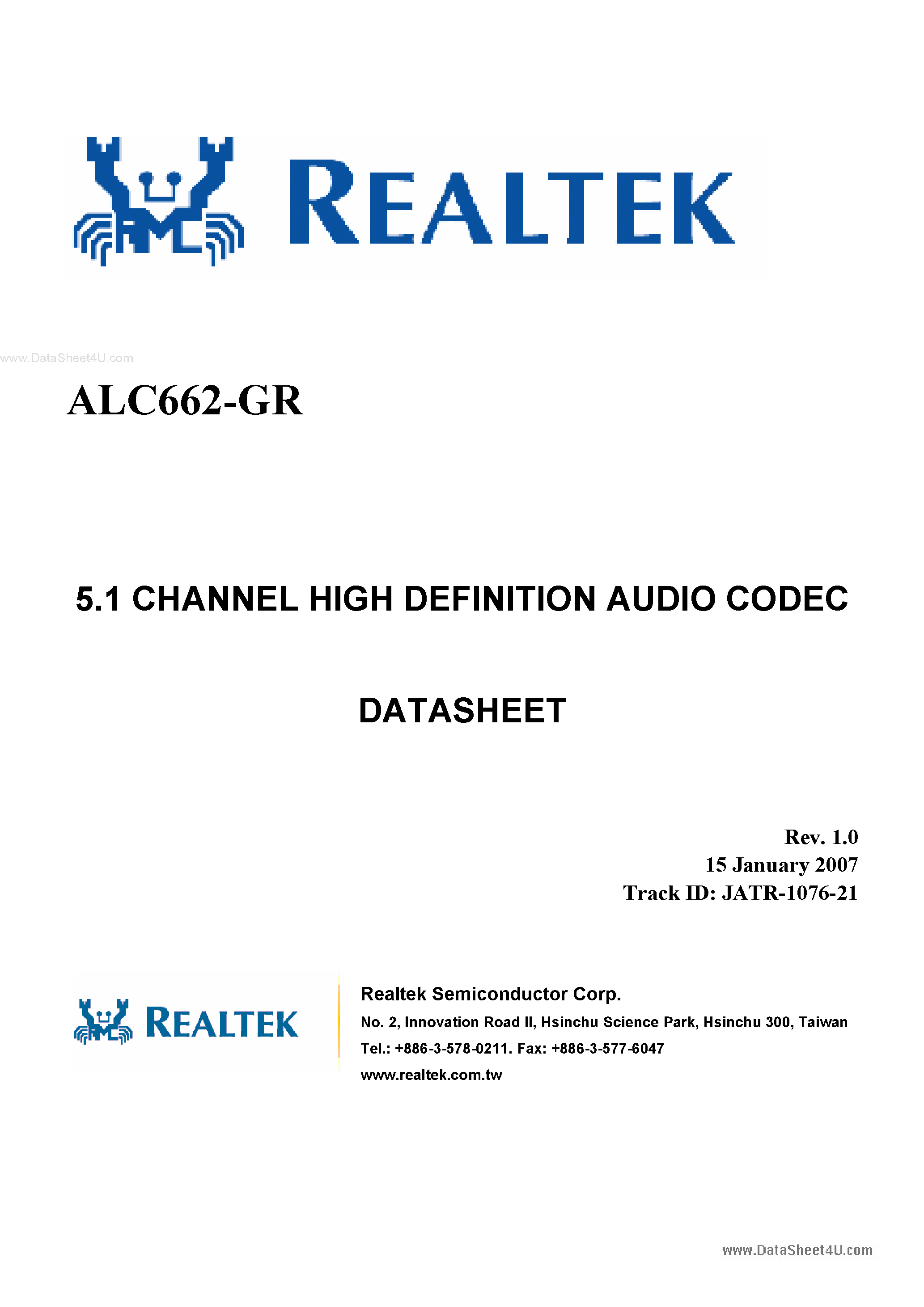 Datasheet ALC662-GR - 5.1-Channel High Defintion Audio Codec page 1