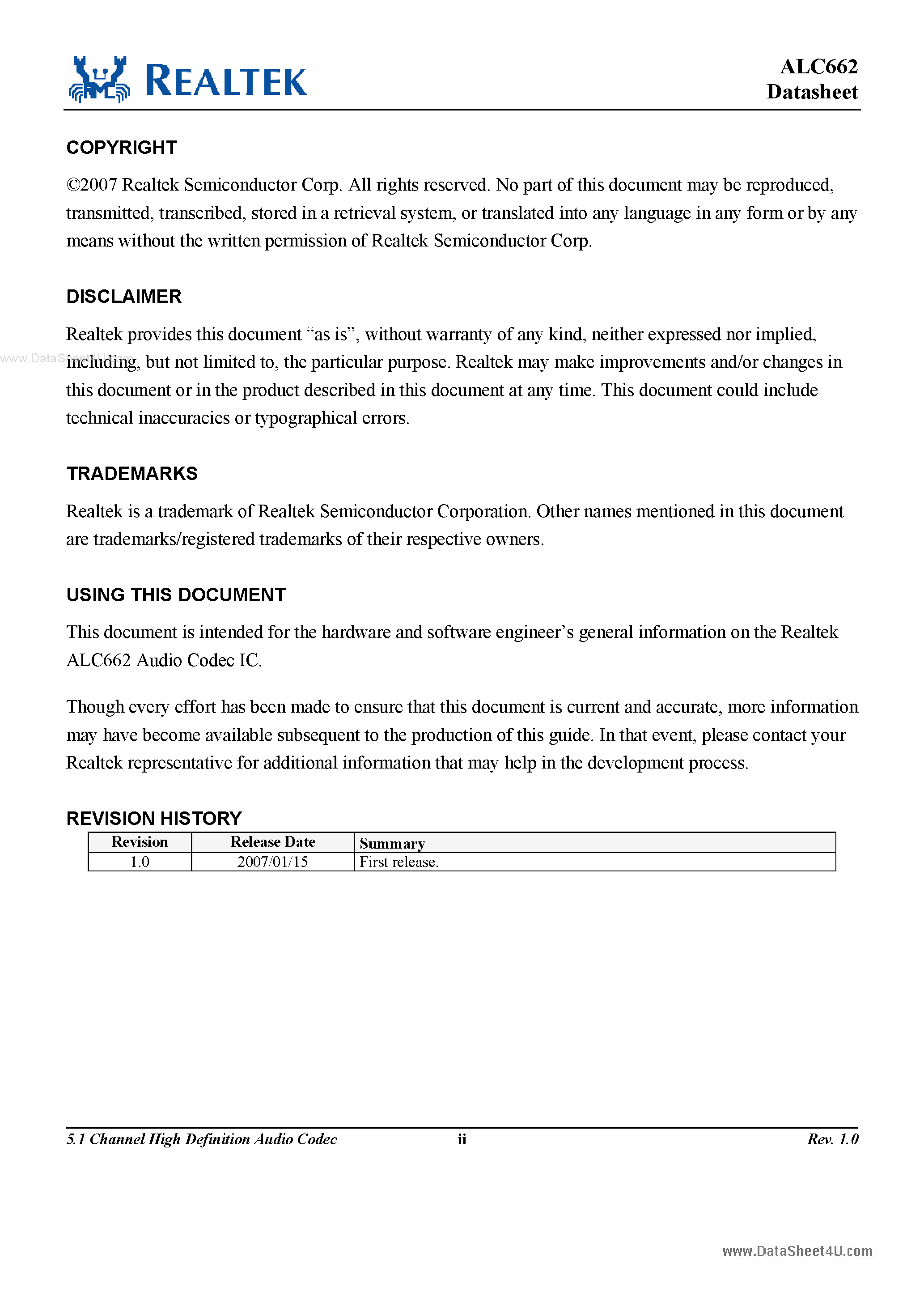Datasheet ALC662-GR - 5.1-Channel High Defintion Audio Codec page 2