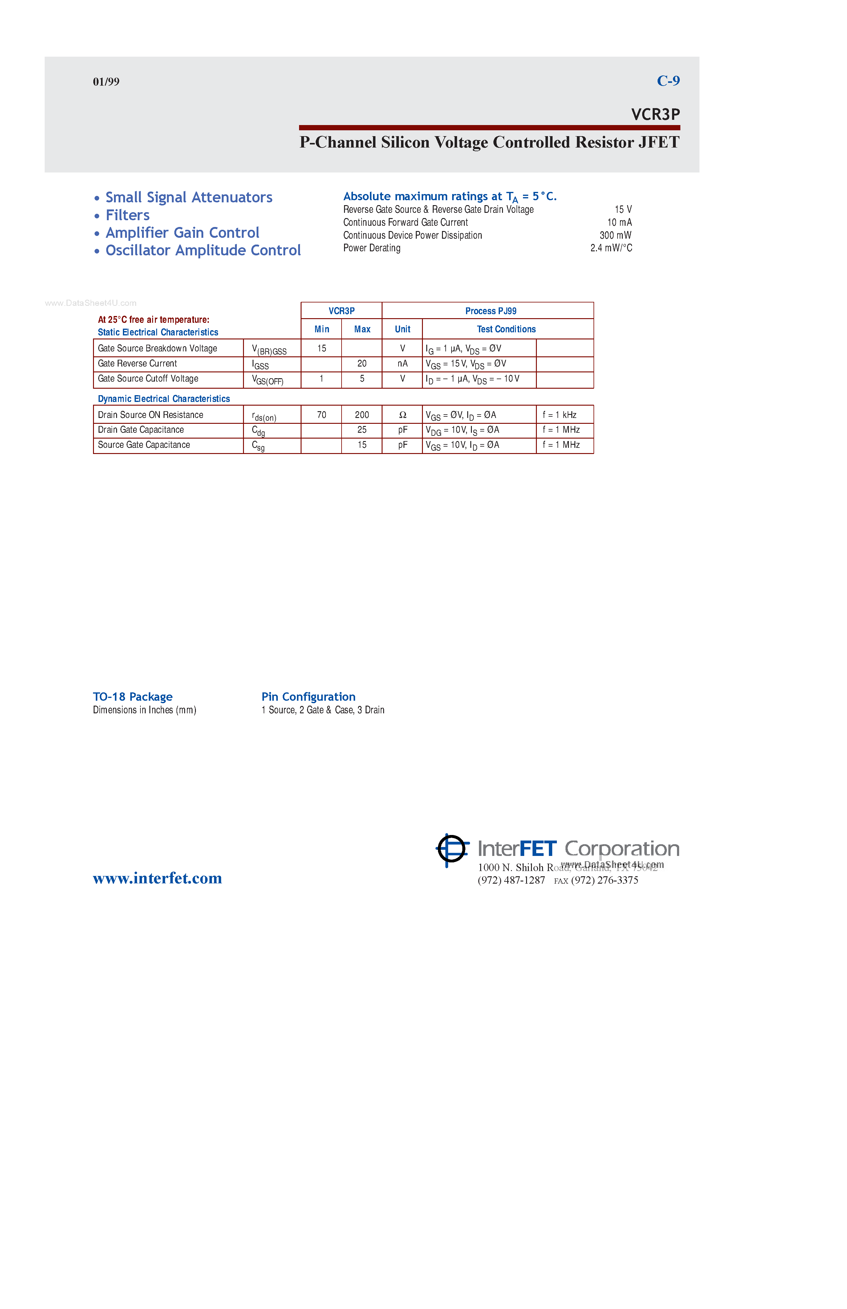 Даташит на микросхему VCR3P страница 1 Даташит VCR3P - P-Channel Silicon Voltage Controlled Resistor JFET страница 1