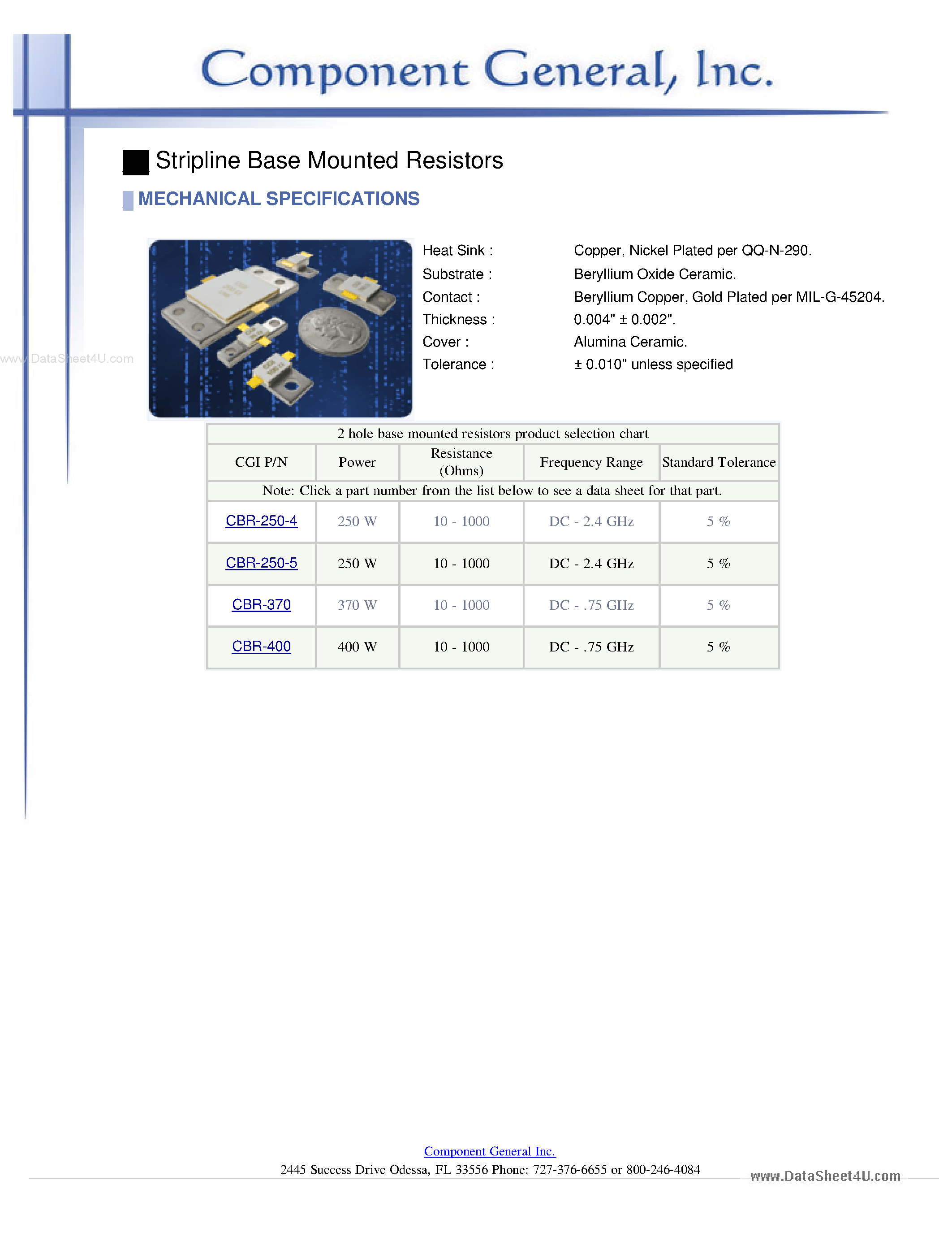 Datasheet CBR-10 page 2 Datasheet CBR-10 - (CBR-xx) 2 Hole Base Mounted Resistors page 2