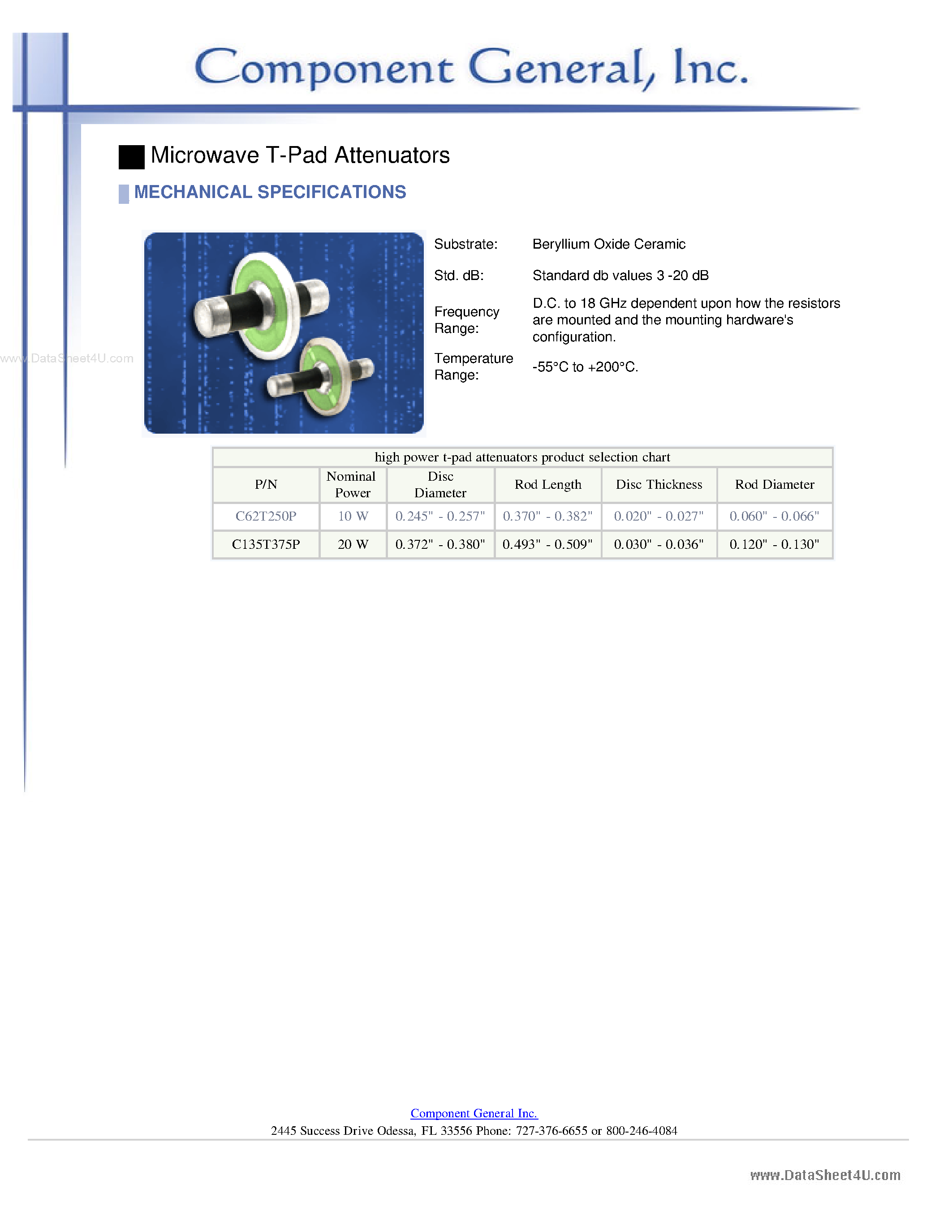 Datasheet C62T250P page 1 Datasheet C62T250P - Microwave T-Pad Attenuators page 1