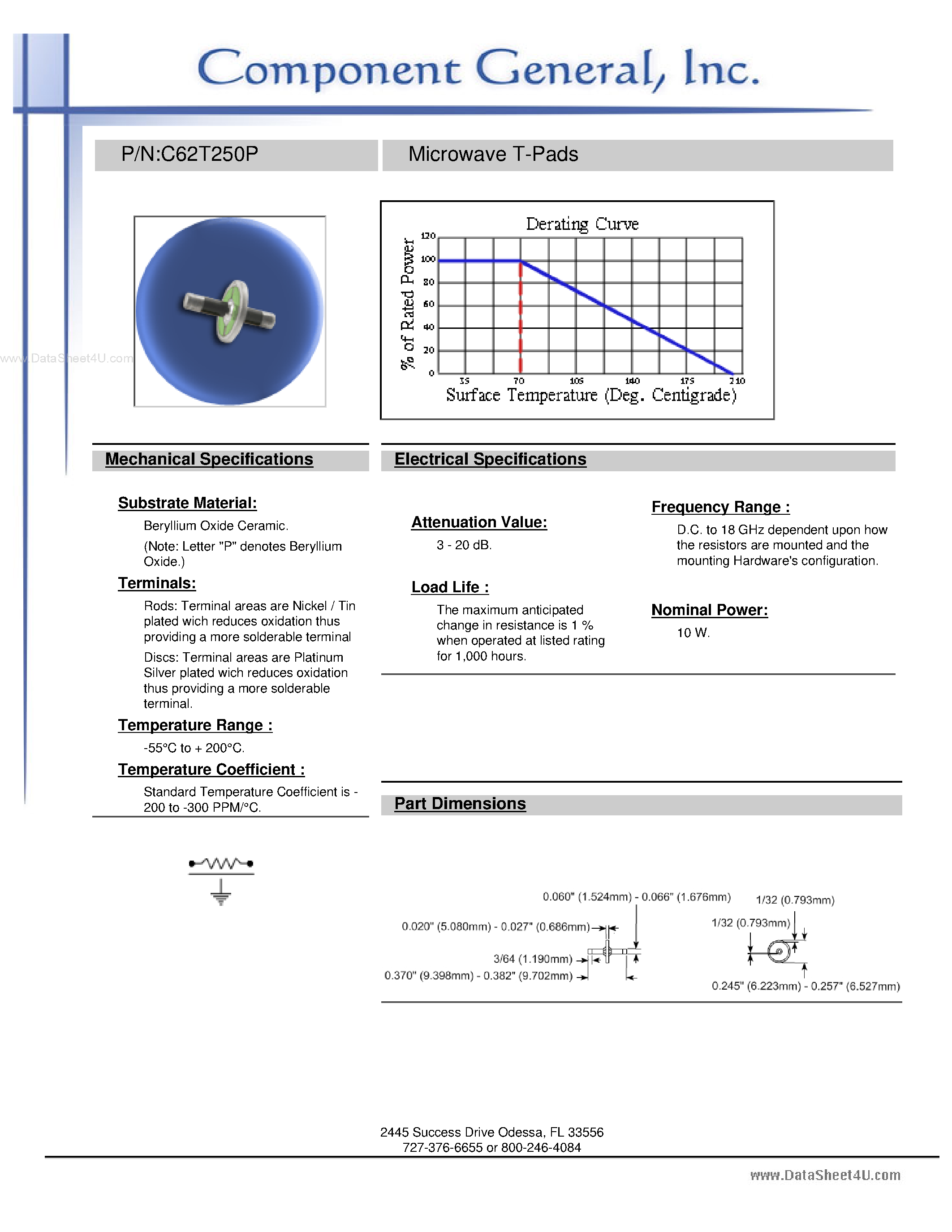 Datasheet C62T250P page 2 Datasheet C62T250P - Microwave T-Pad Attenuators page 2