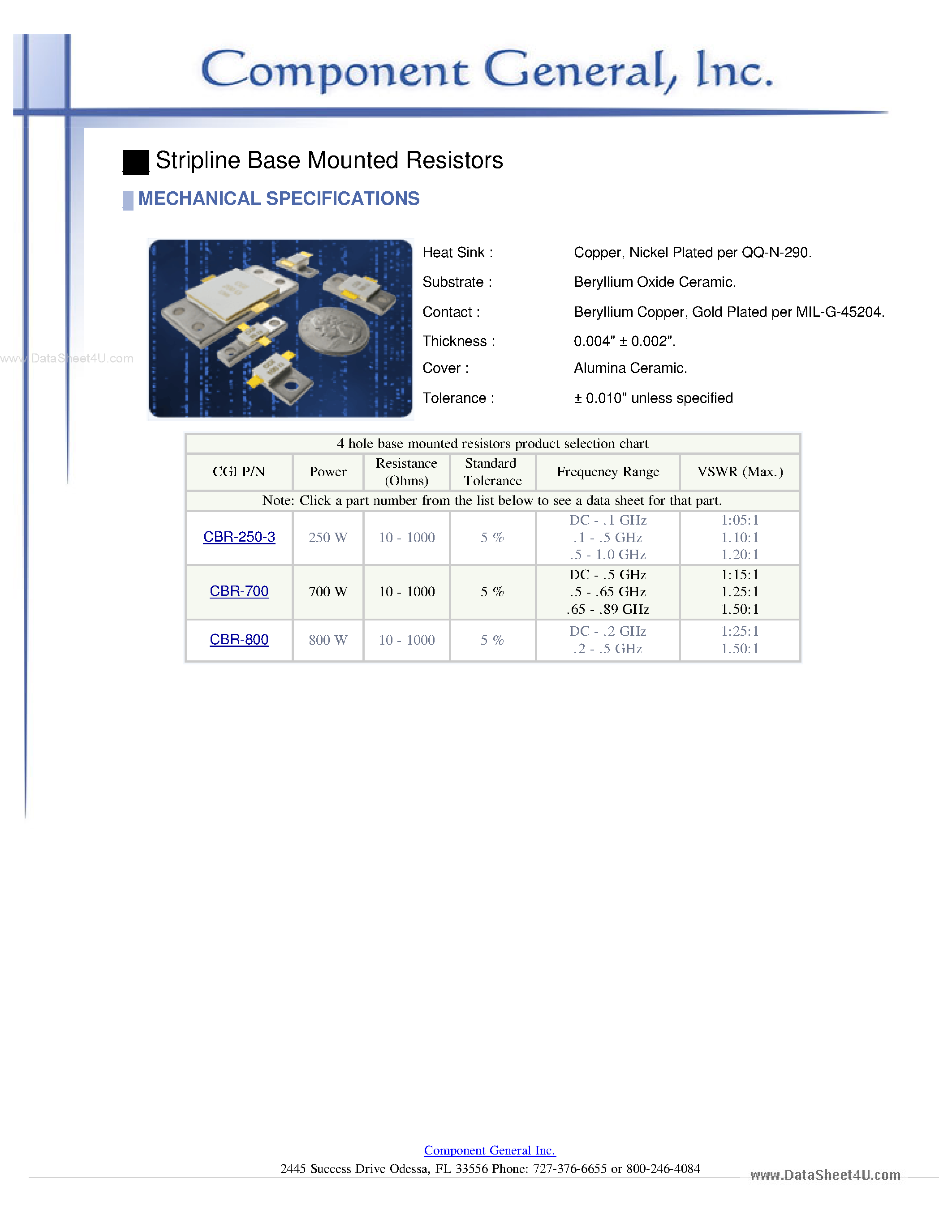 Datasheet CBR-250-3 - (CBR-xxx) 4 Hole Base Mounted Resistors page 1
