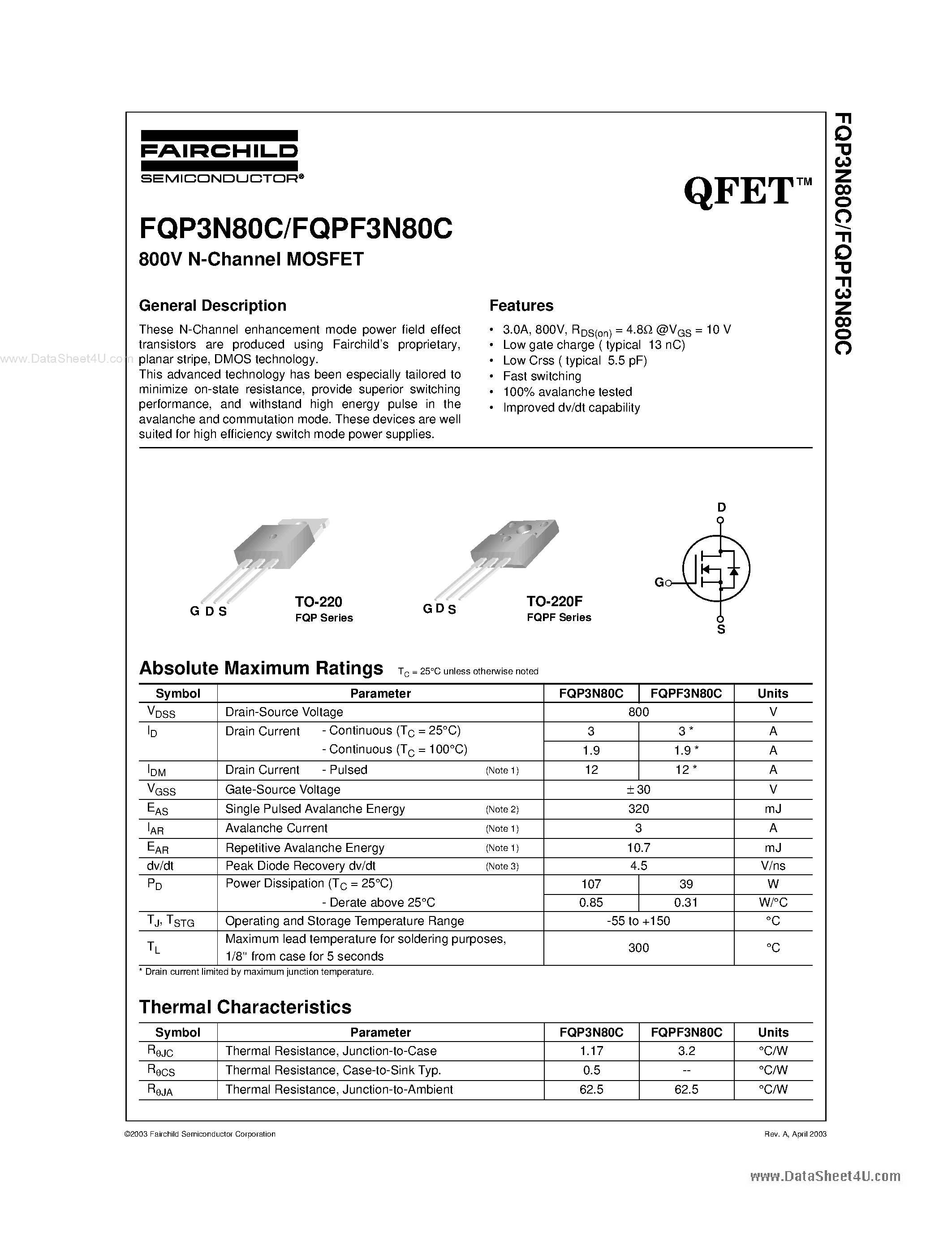 Datasheet FQP3N80C page 1 Datasheet FQP3N80C - 800V N-Channel MOSFET page 1