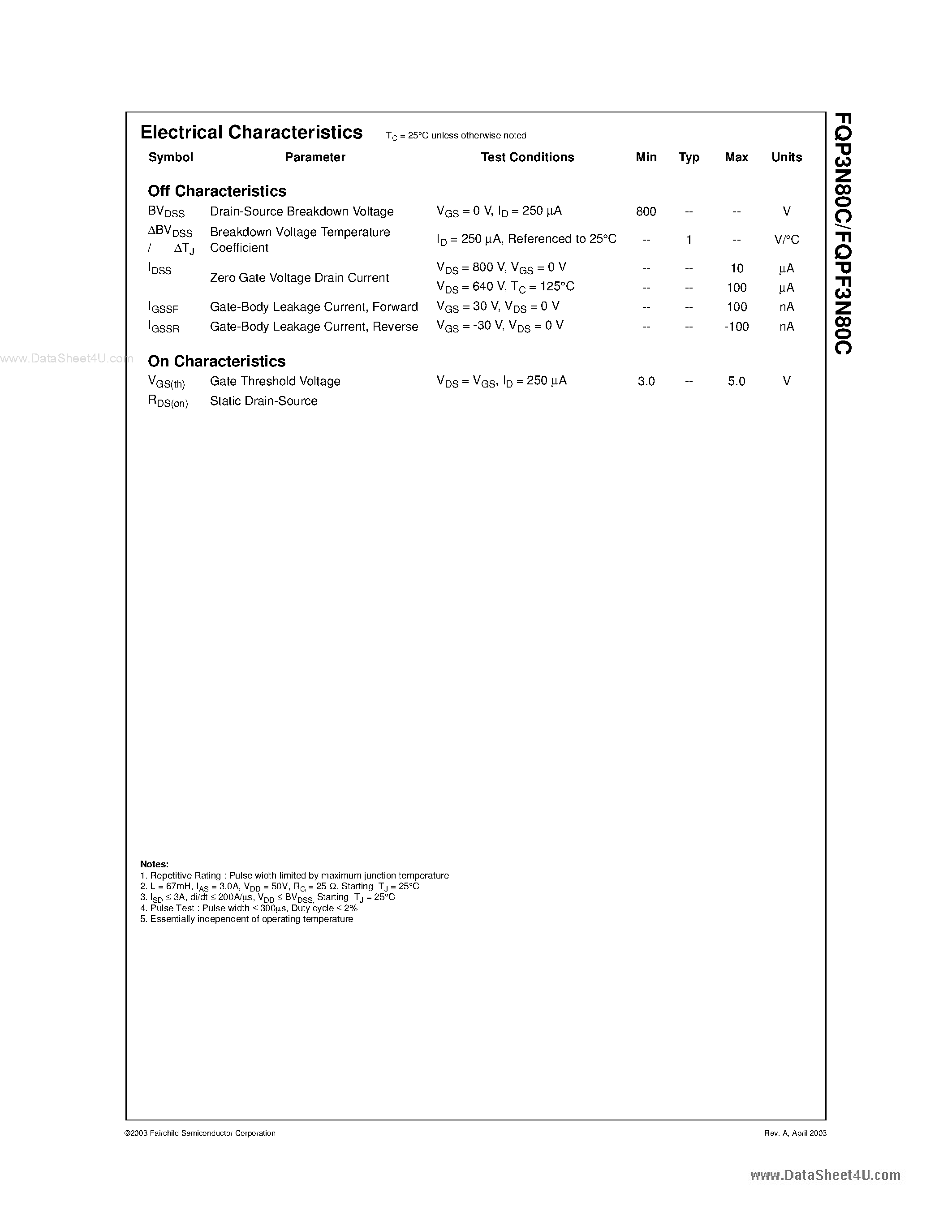 Datasheet FQP3N80C page 2 Datasheet FQP3N80C - 800V N-Channel MOSFET page 2