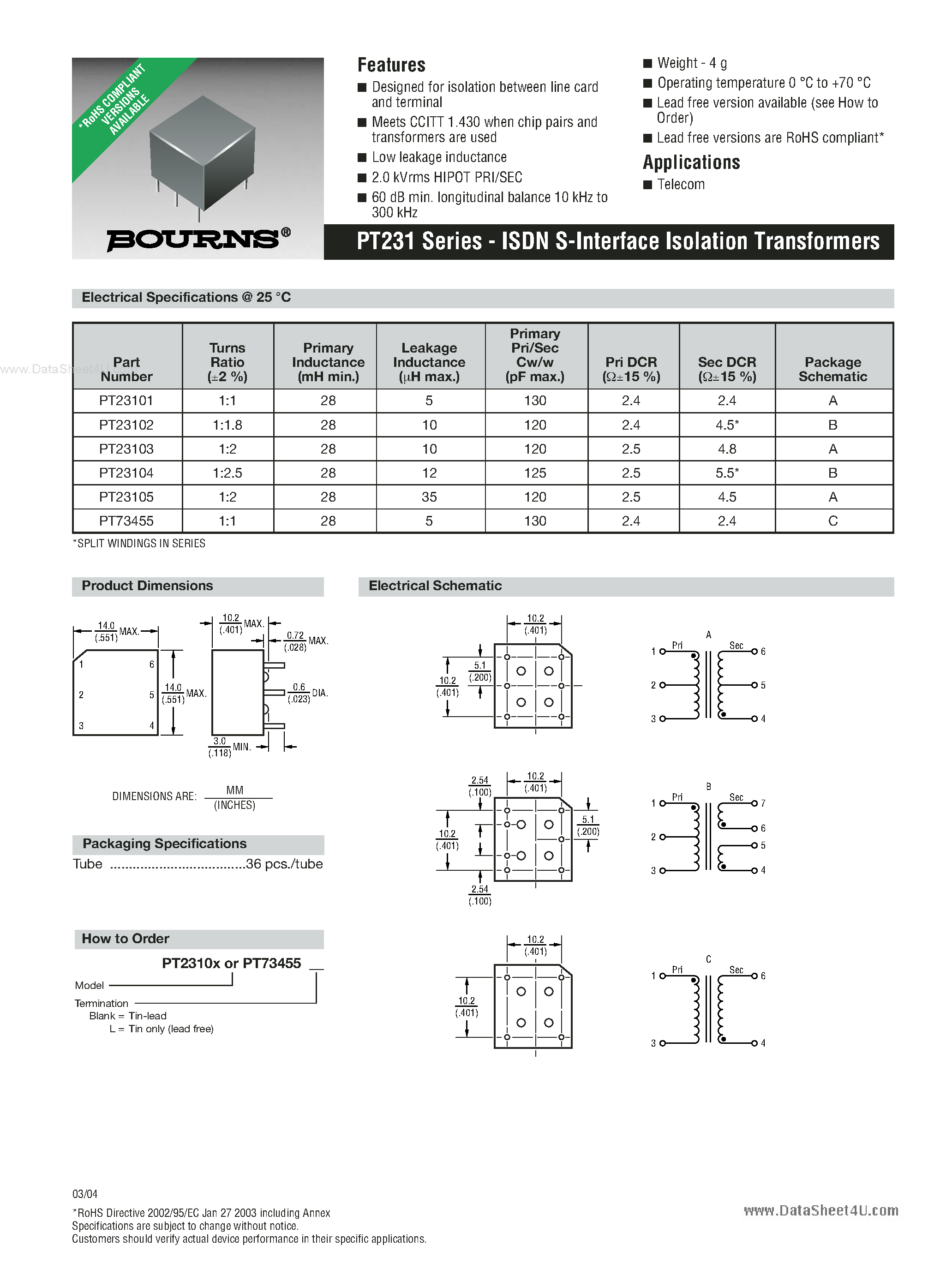 Datasheet PT231 - ISDN S-Interface Isolation Transformers page 1