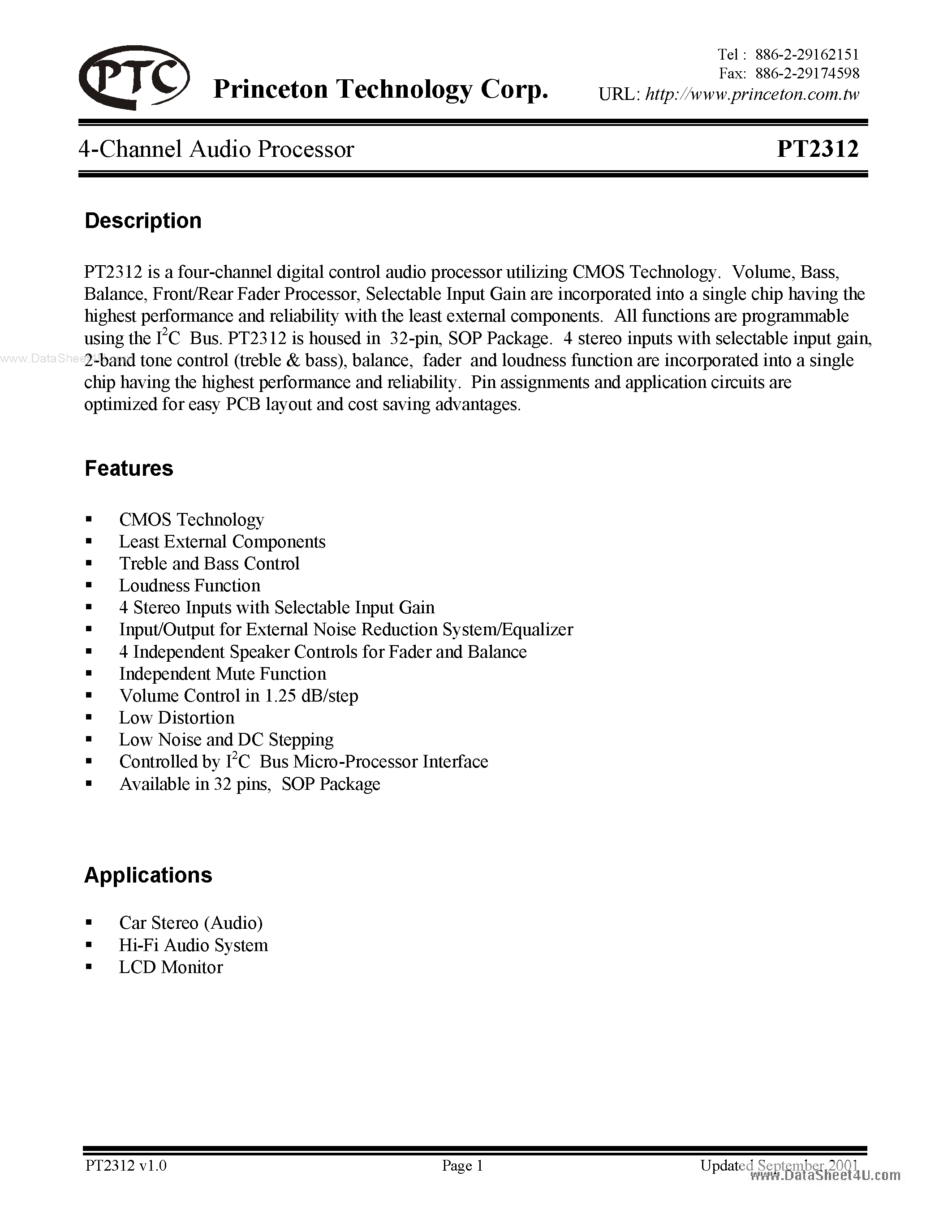 Datasheet PT2312 page 1 Datasheet PT2312 - 4-Channel Audio Processor page 1