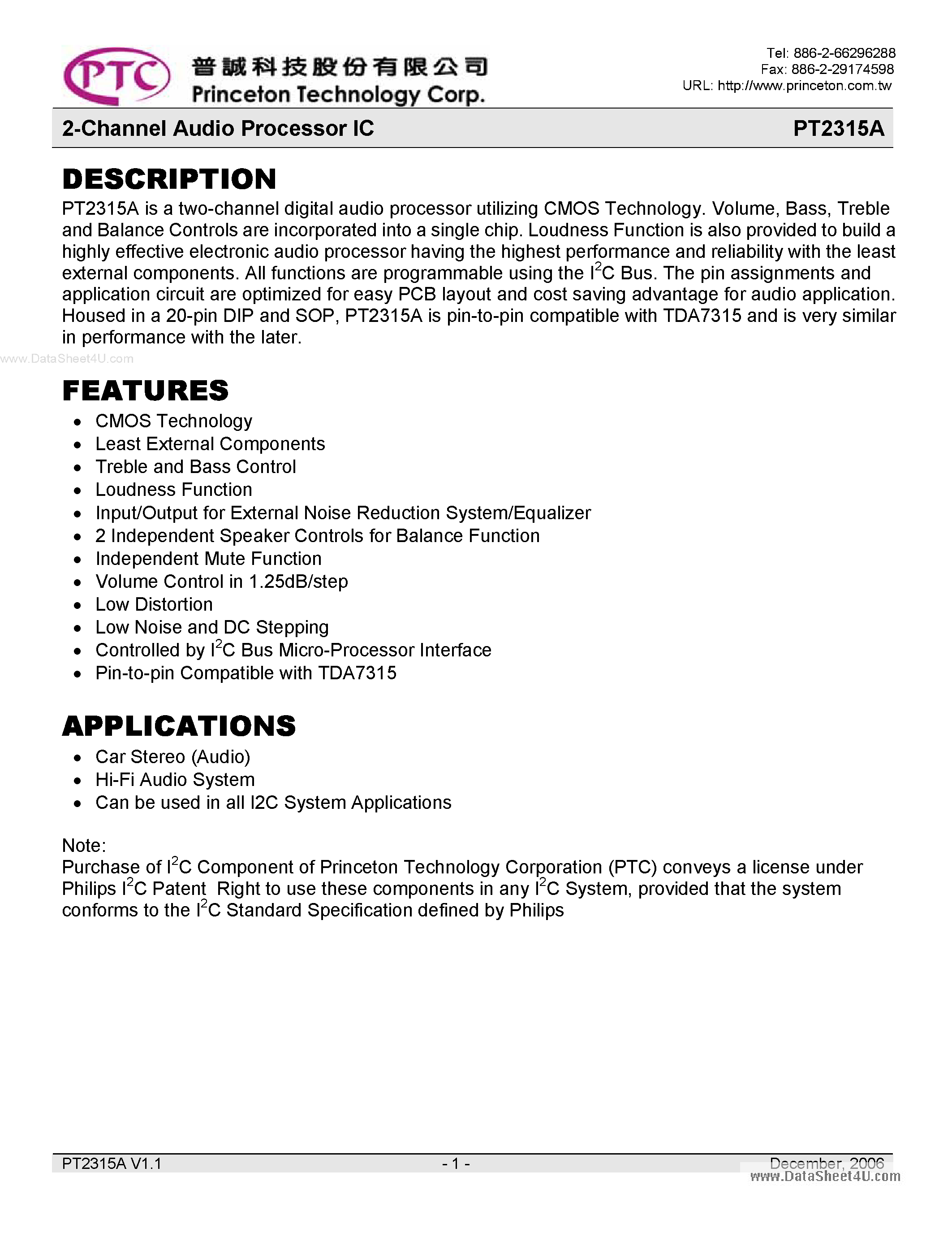 Datasheet PT2315A - 2-Channel Audio Processor IC page 1
