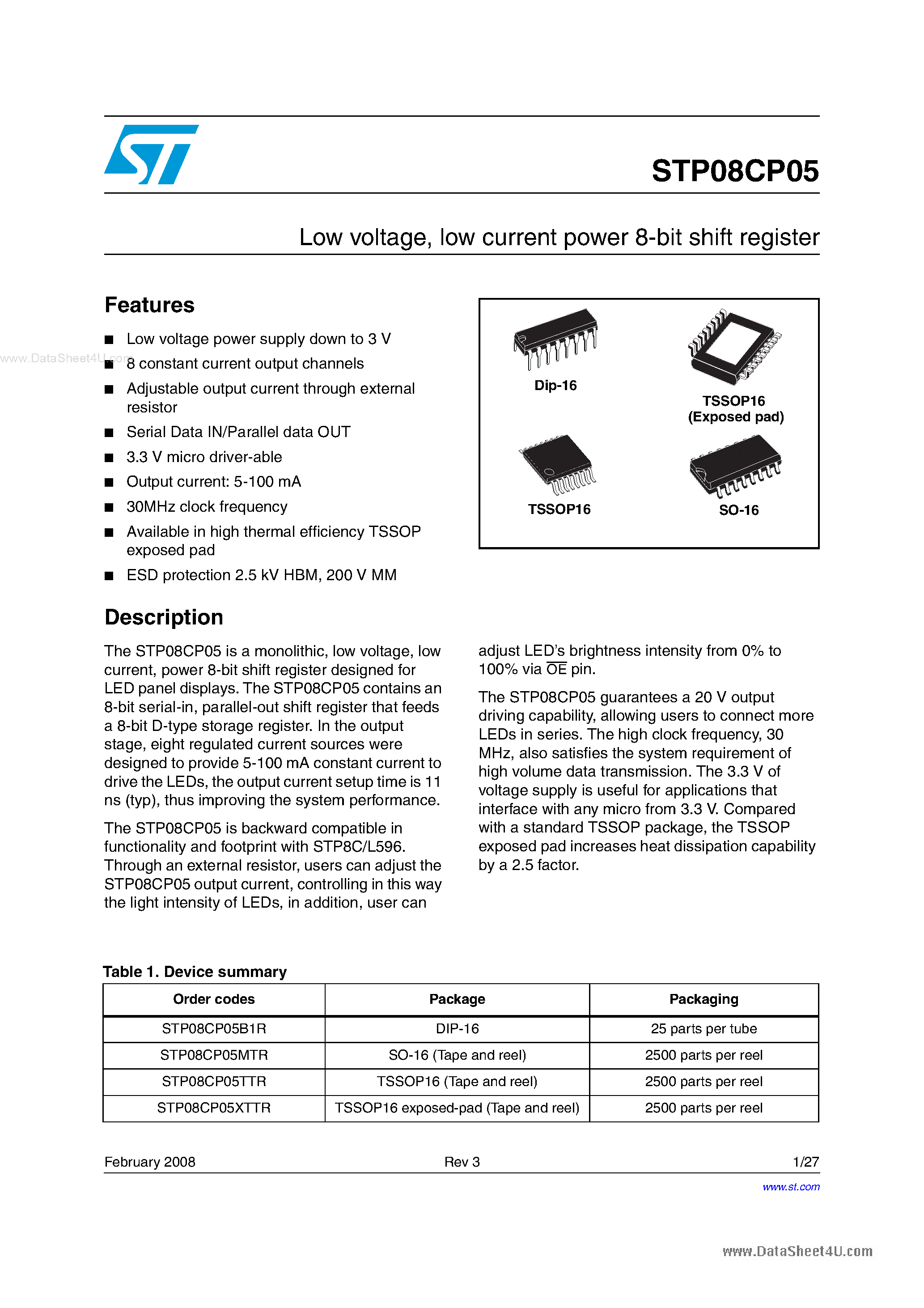 Даташит STP08CP05 - low current power 8-bit shift register страница 1