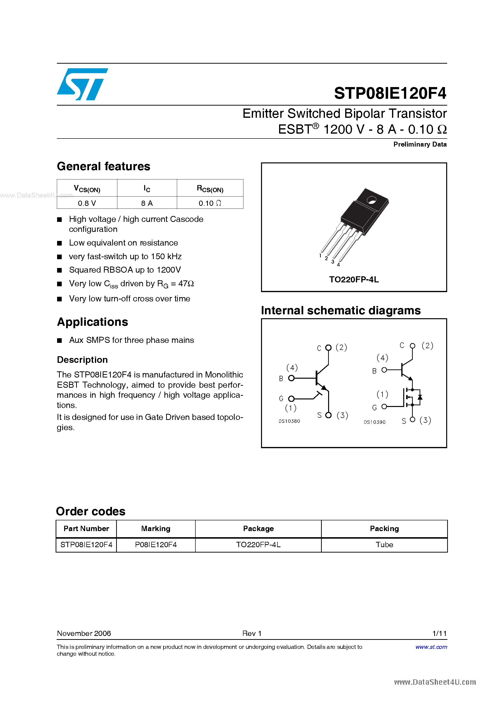 Даташит STP08IE120F4 - Emitter Switched Bipolar Transistor страница 1