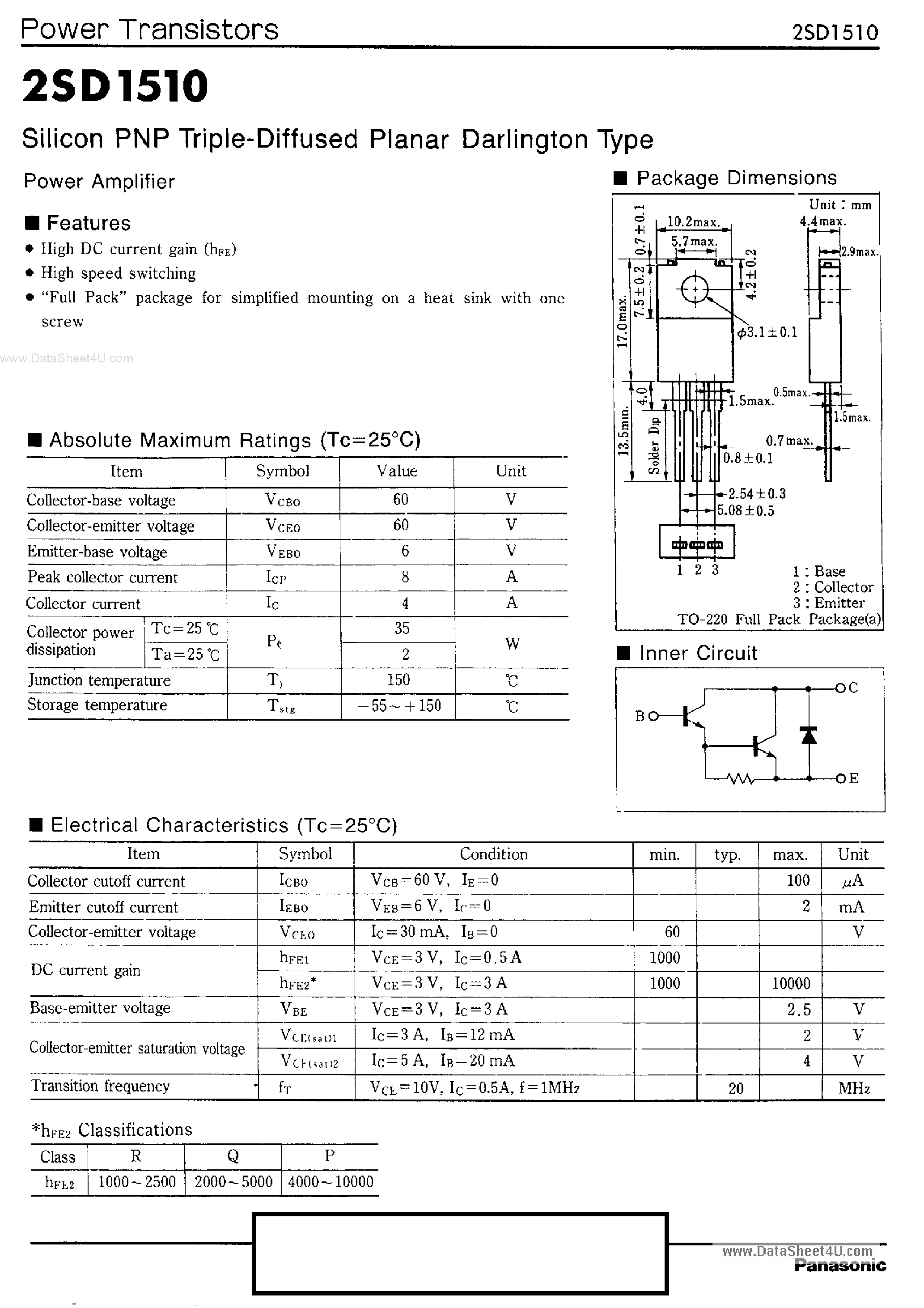 Datasheet 2SD1510 - Silicon PNP Triple Diffused Planar Darlington Power Transistor page 1