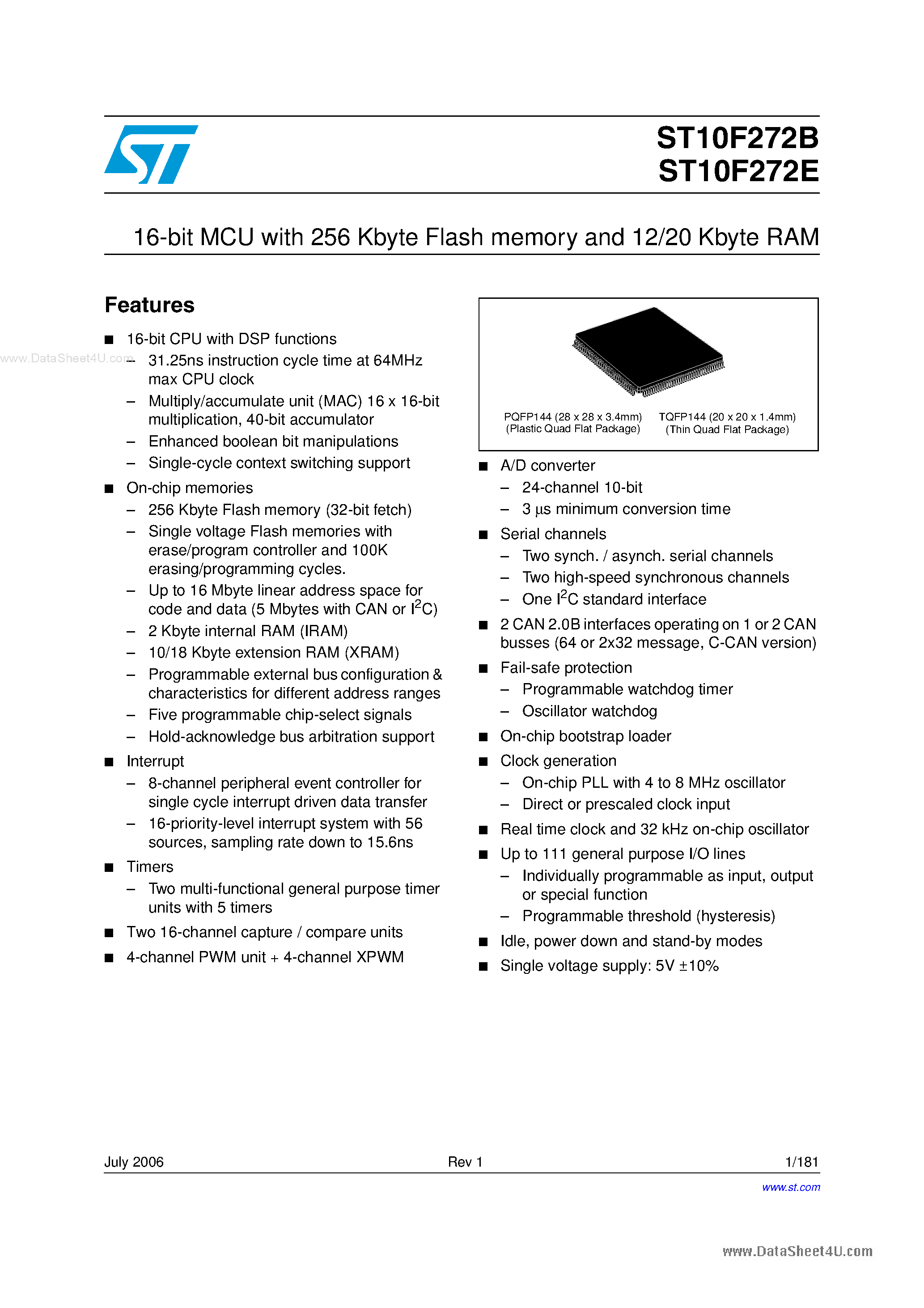 Даташит на микросхему ST10F272B страница 1 Даташит ST10F272B - 16-bit MCU страница 1
