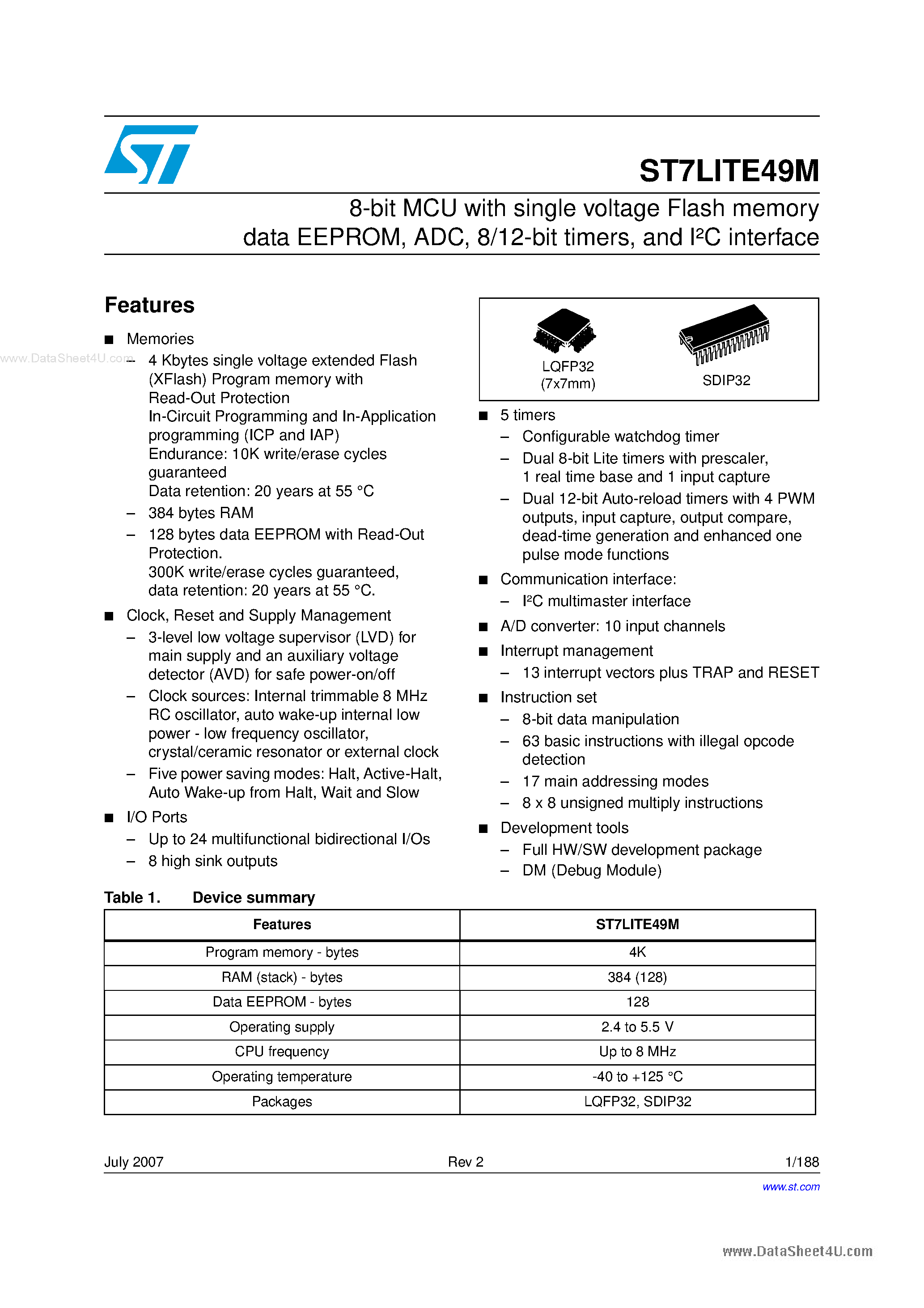 Даташит на микросхему ST7LITE49M страница 1 Даташит ST7LITE49M - 8-bit MCU страница 1
