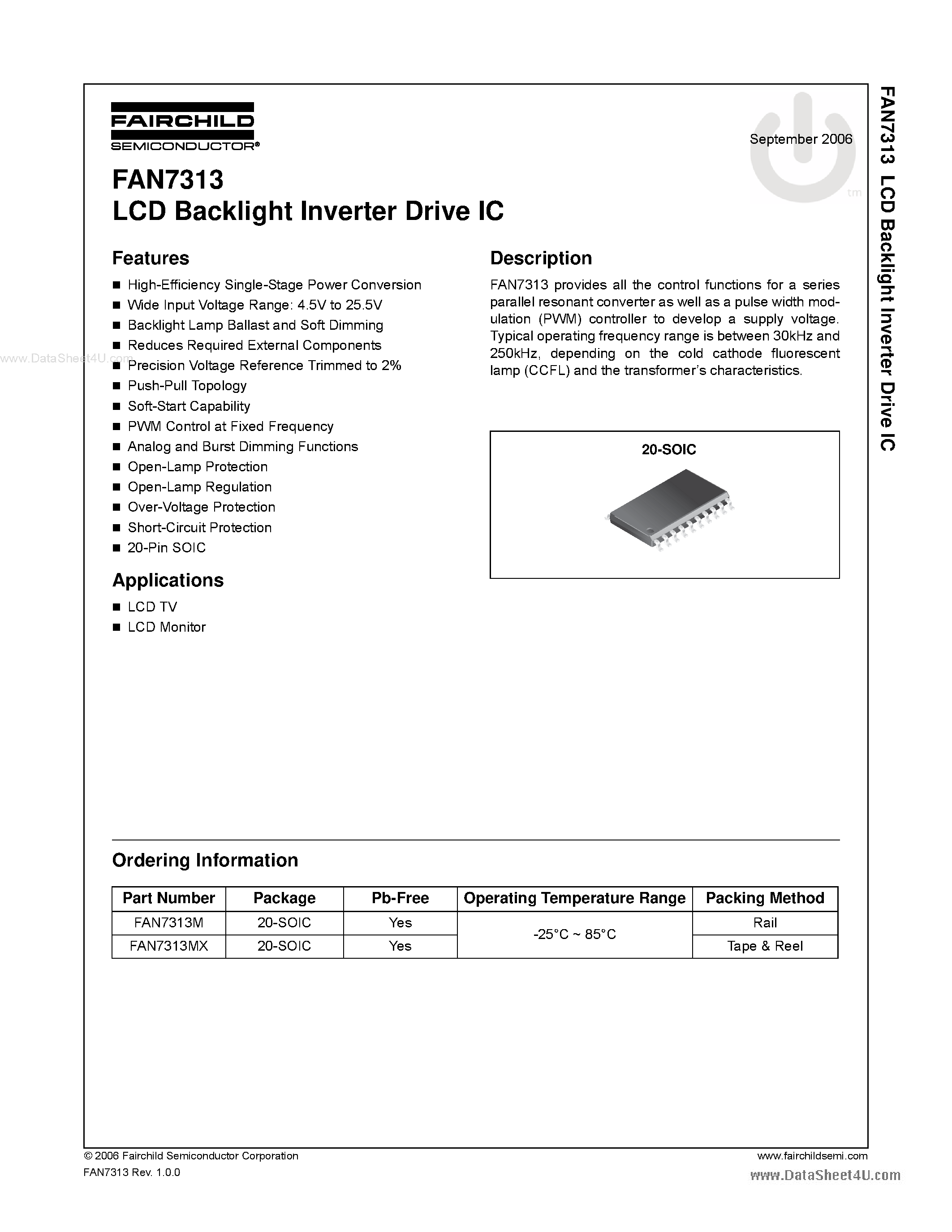 Даташит FAN7313 - LCD Backlight Inverter Drive IC страница 1