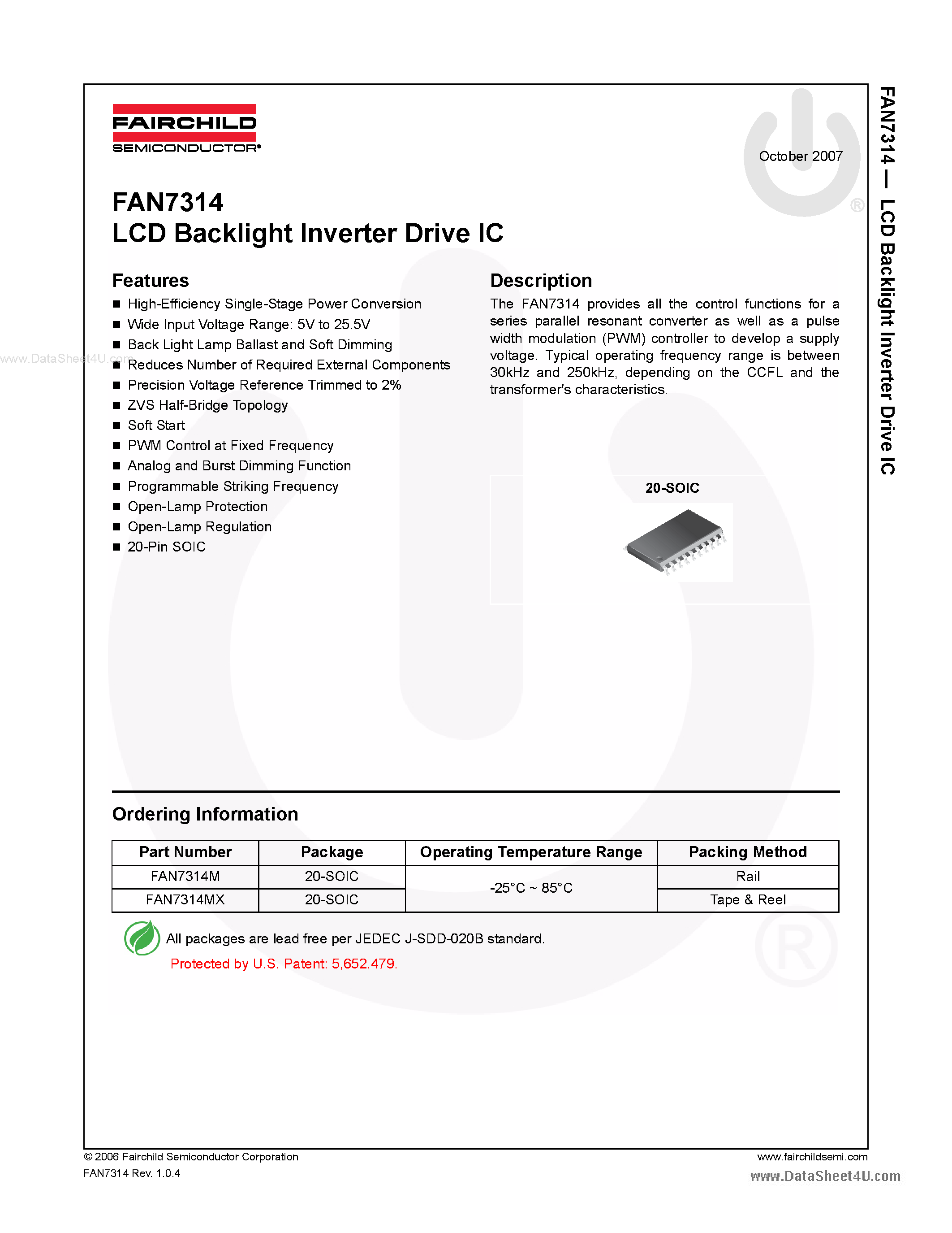 Даташит FAN7314 - LCD Backlight Inverter Drive IC страница 1