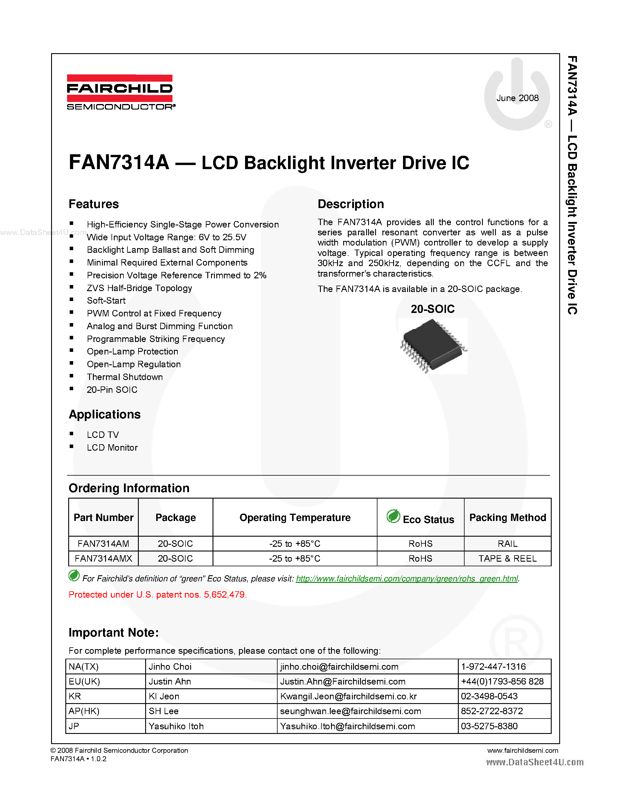 Даташит FAN7314A - LCD Backlight Inverter Drive IC страница 1