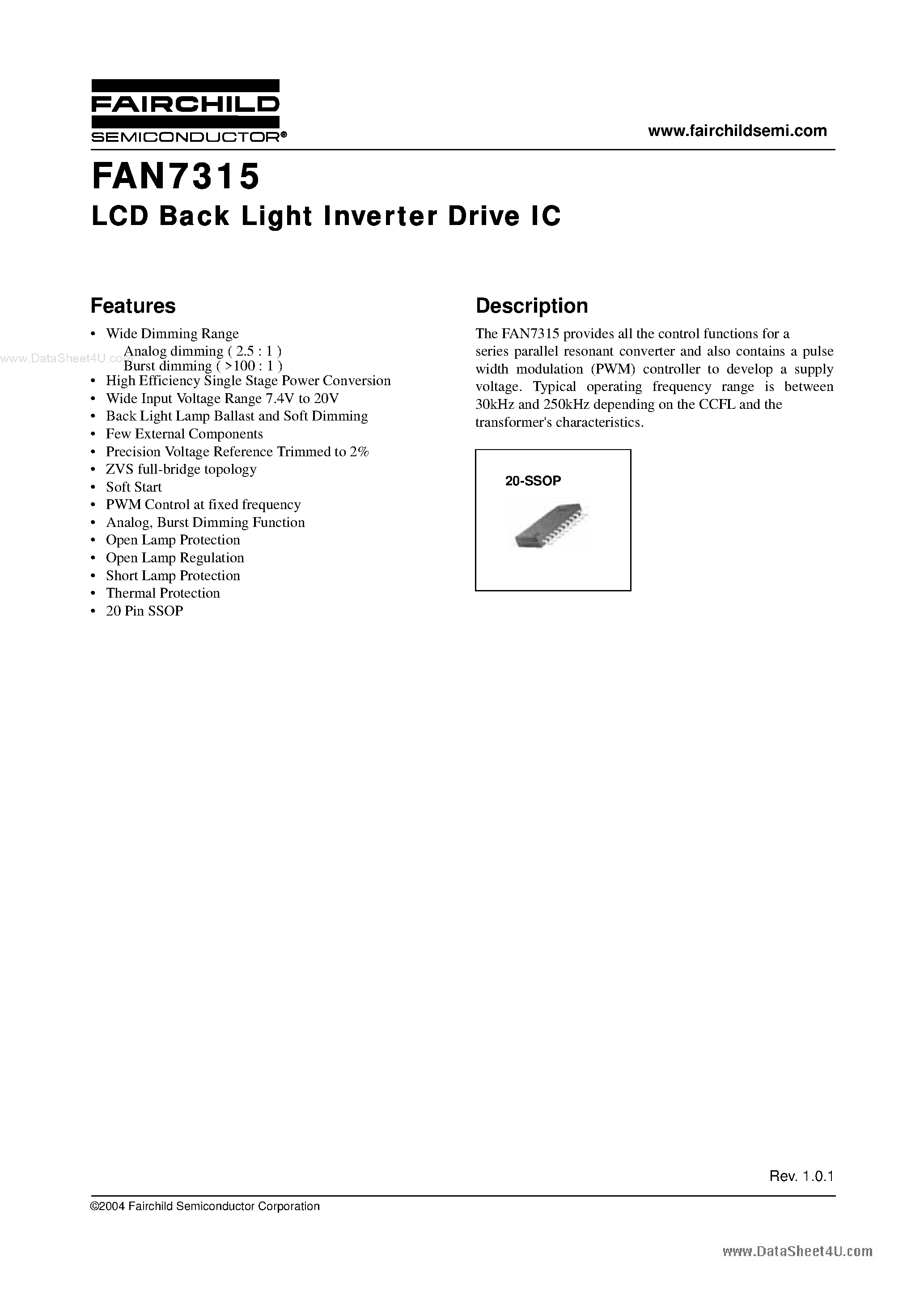 Даташит FAN7315 - LCD Backlight Inverter Drive IC страница 1