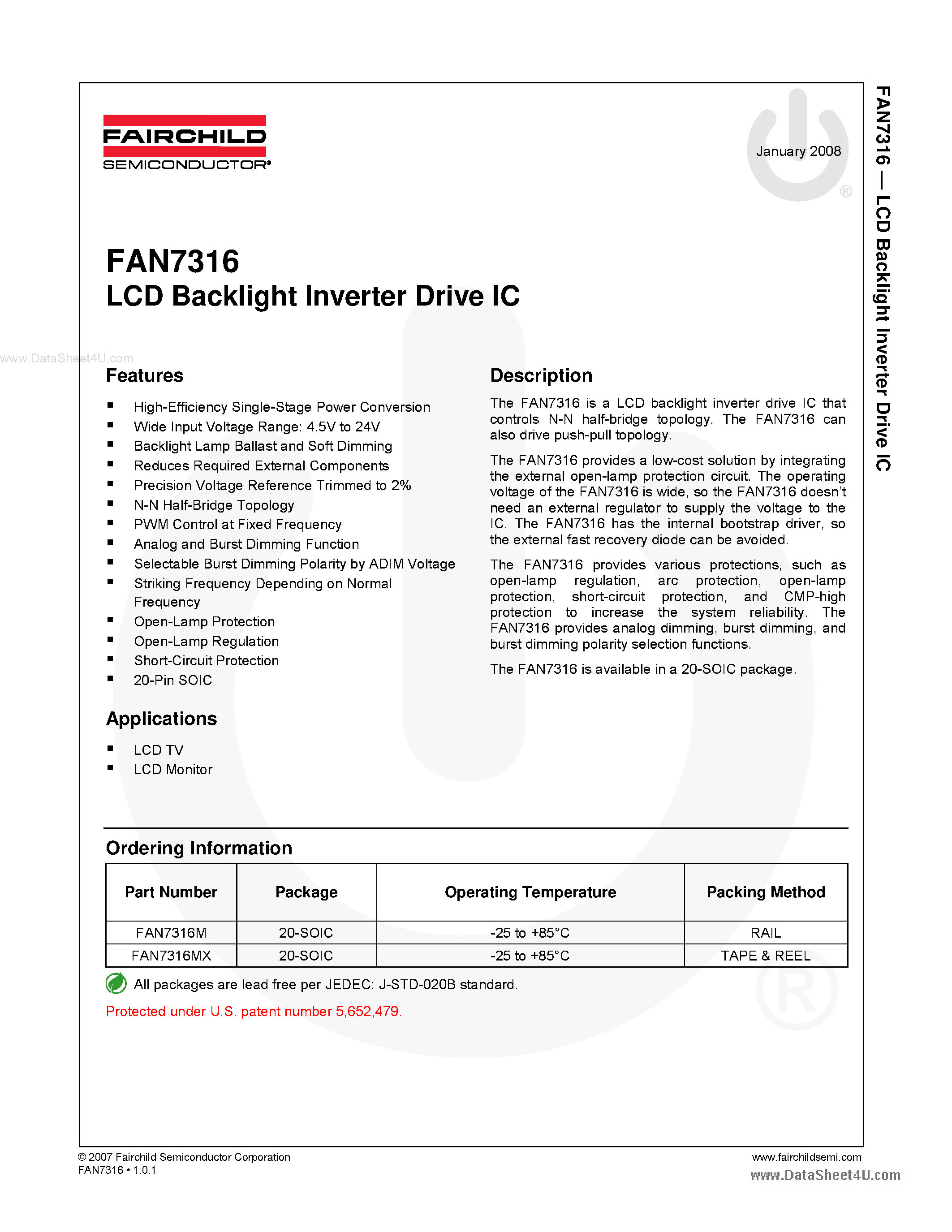 Даташит FAN7316 - LCD Backlight Inverter Drive IC страница 1