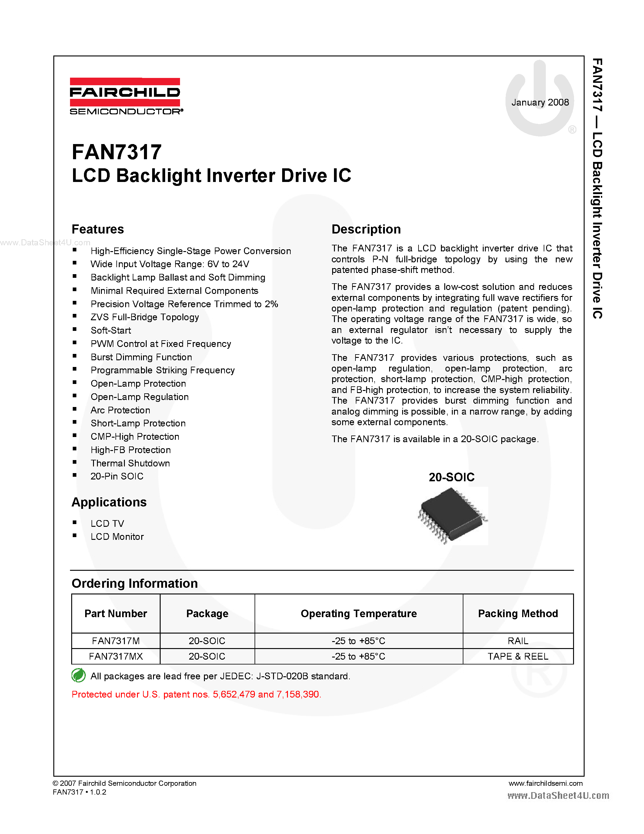 Даташит FAN7317 - LCD Backlight Inverter Drive IC страница 1
