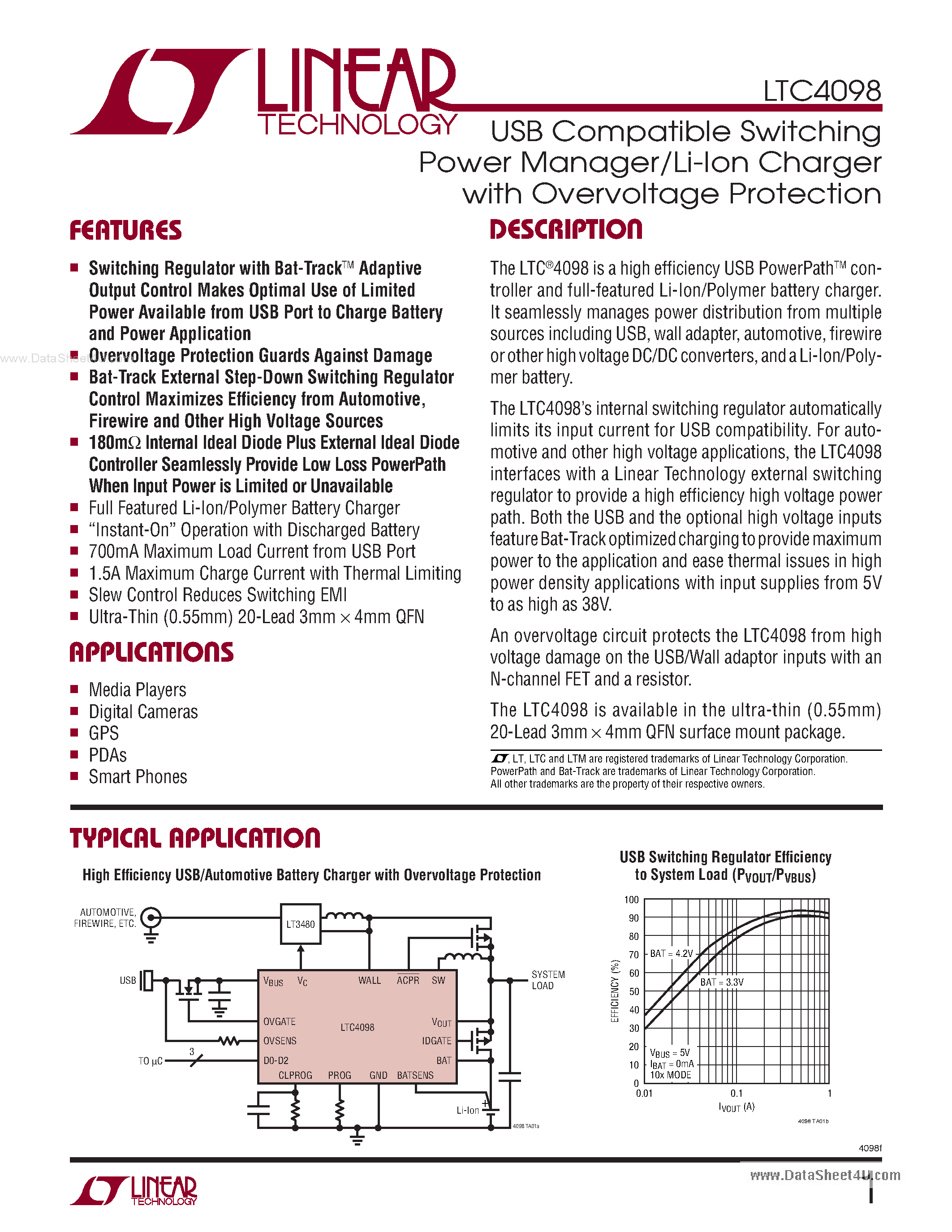 Datasheet LTC4098 - USB Compatible Switching Power Manager/Li-Ion Charger page 1