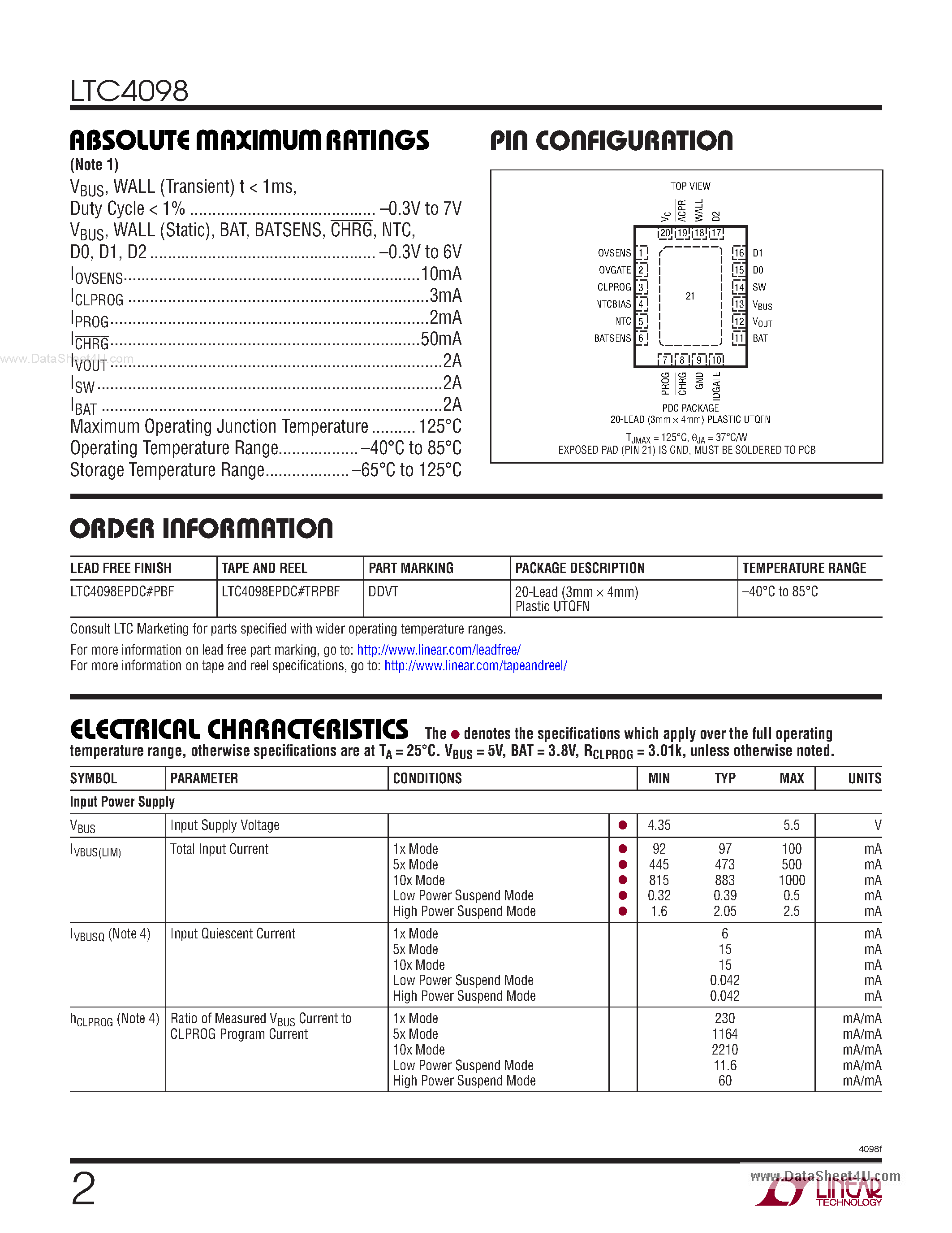 Datasheet LTC4098 - USB Compatible Switching Power Manager/Li-Ion Charger page 2