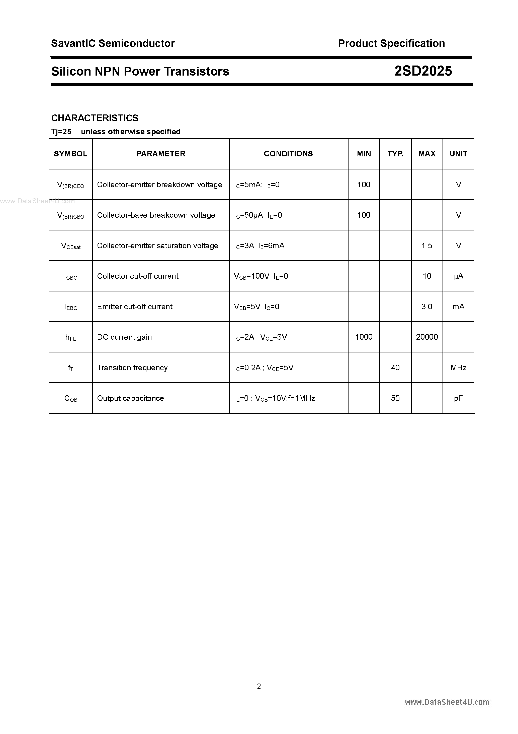 Даташит 2SD2025 - Silicon NPN Power Transistors страница 2
