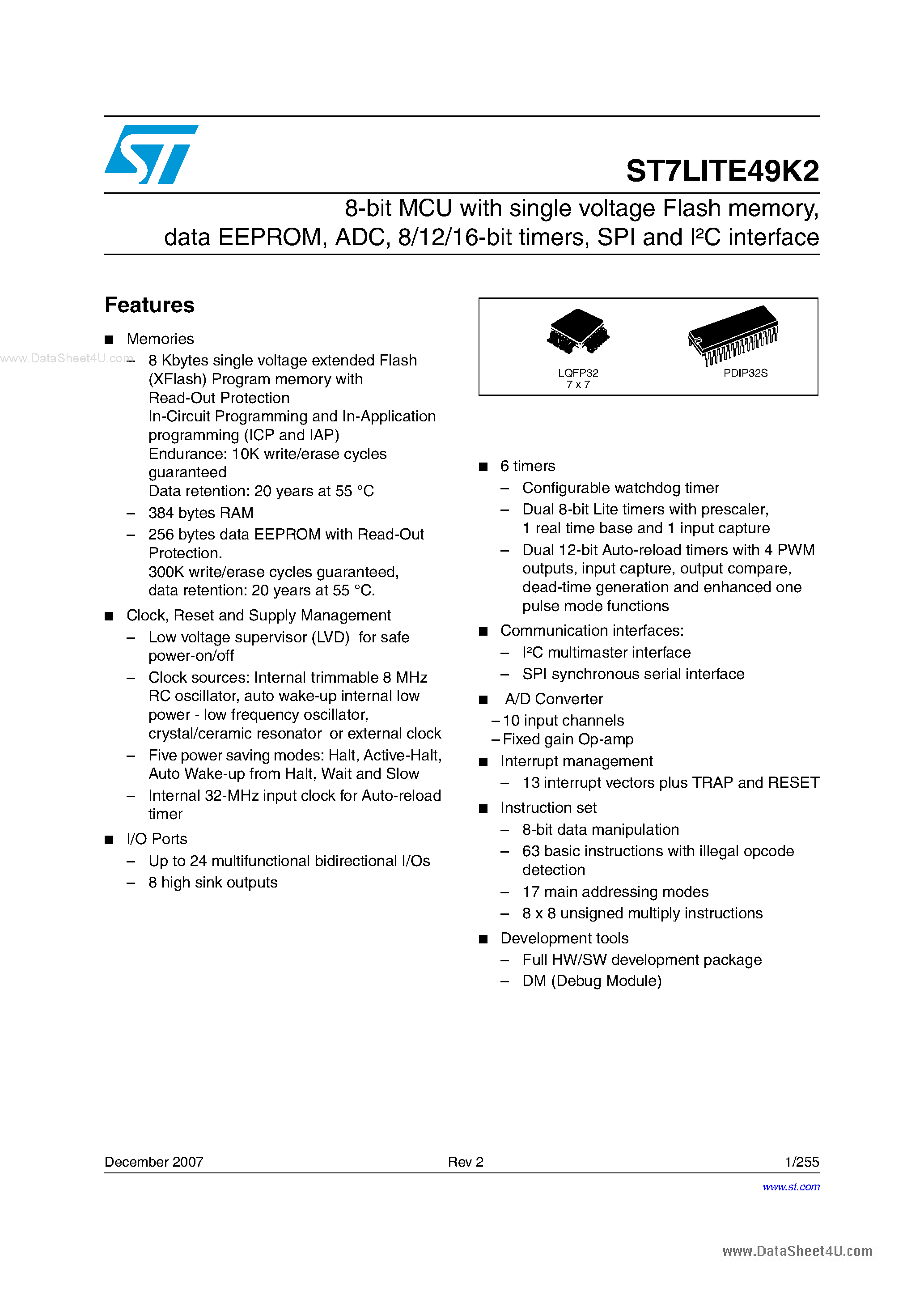 Даташит на микросхему ST7LITE49K2 страница 1 Даташит ST7LITE49K2 - 8-bit MCU страница 1