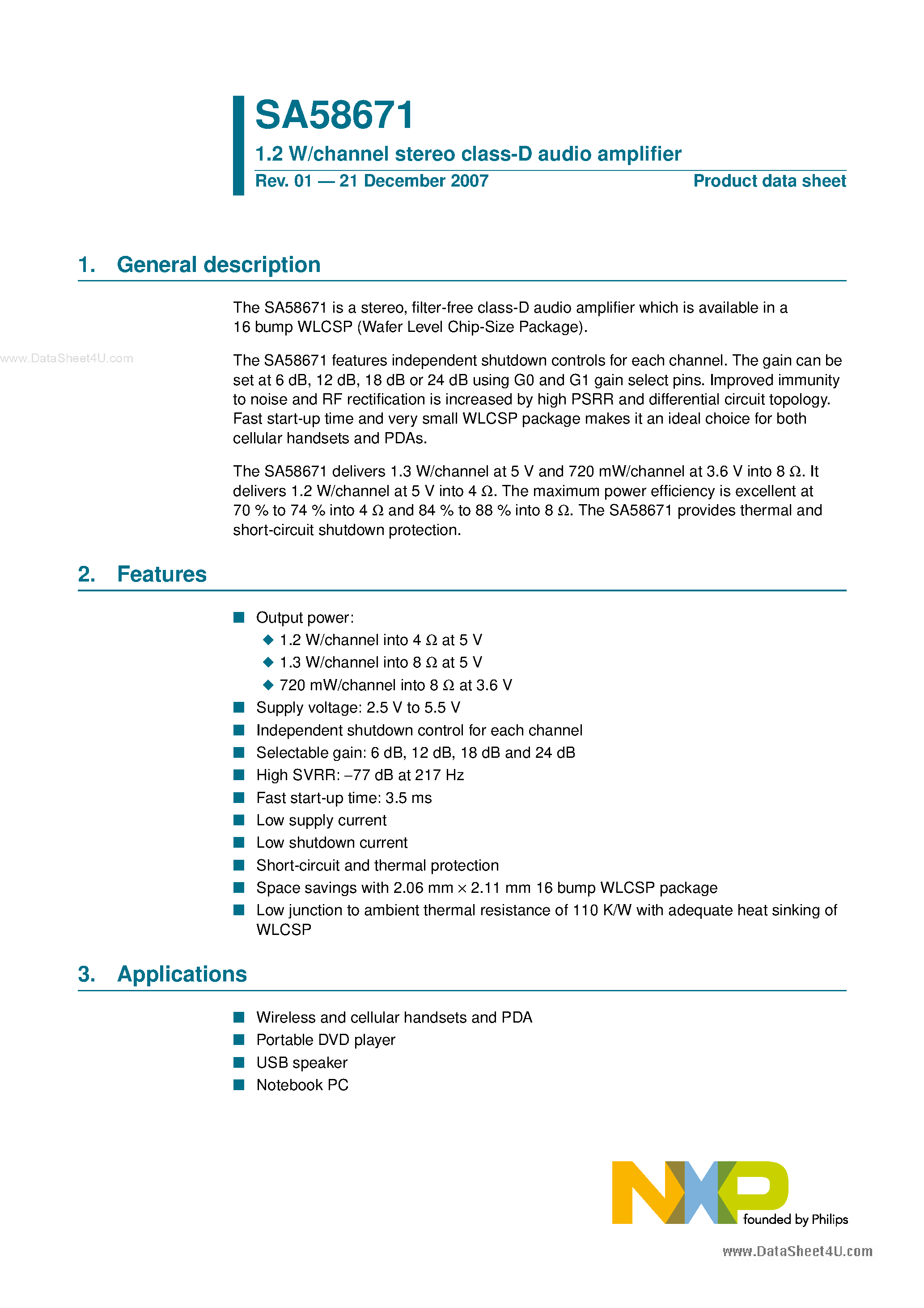 Даташит на микросхему SA58671 страница 1 Даташит SA58671 - 1.2 W/channel Stereo Class-D Audio Amplifier страница 1