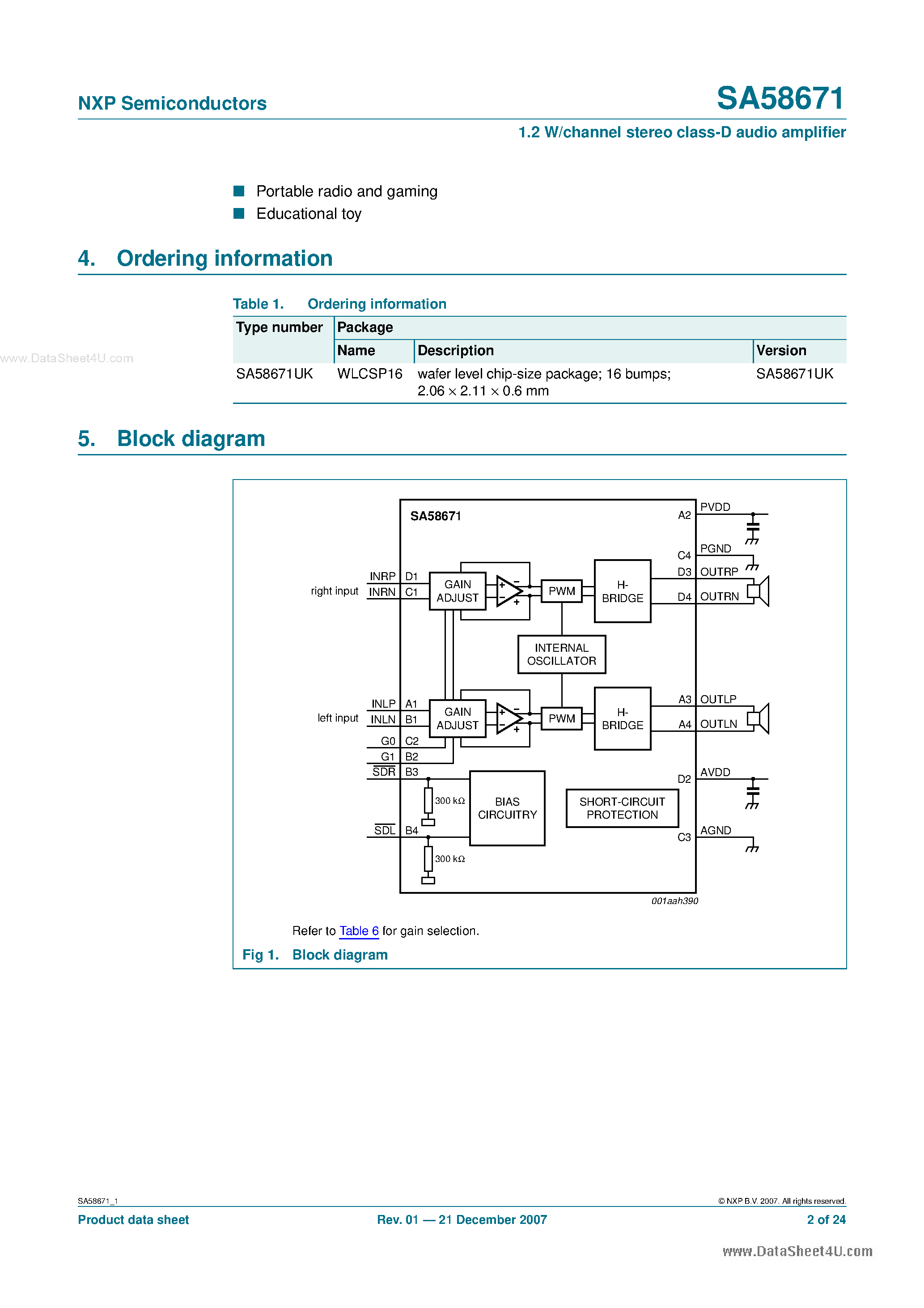 Даташит на микросхему SA58671 страница 2 Даташит SA58671 - 1.2 W/channel Stereo Class-D Audio Amplifier страница 2