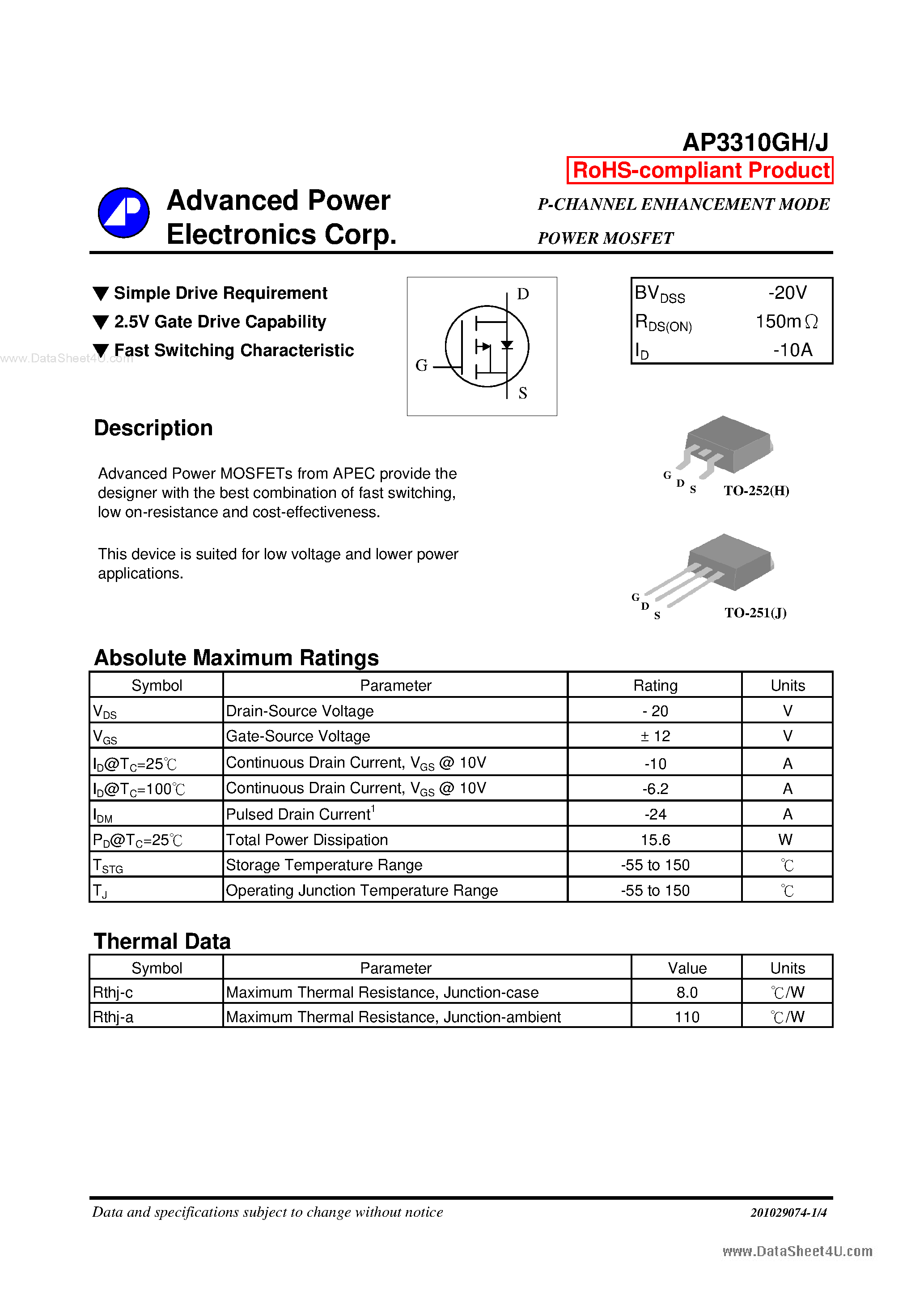 Даташит AP3310GH - P-CHANNEL ENHANCEMENT MODE POWER MOSFET страница 1