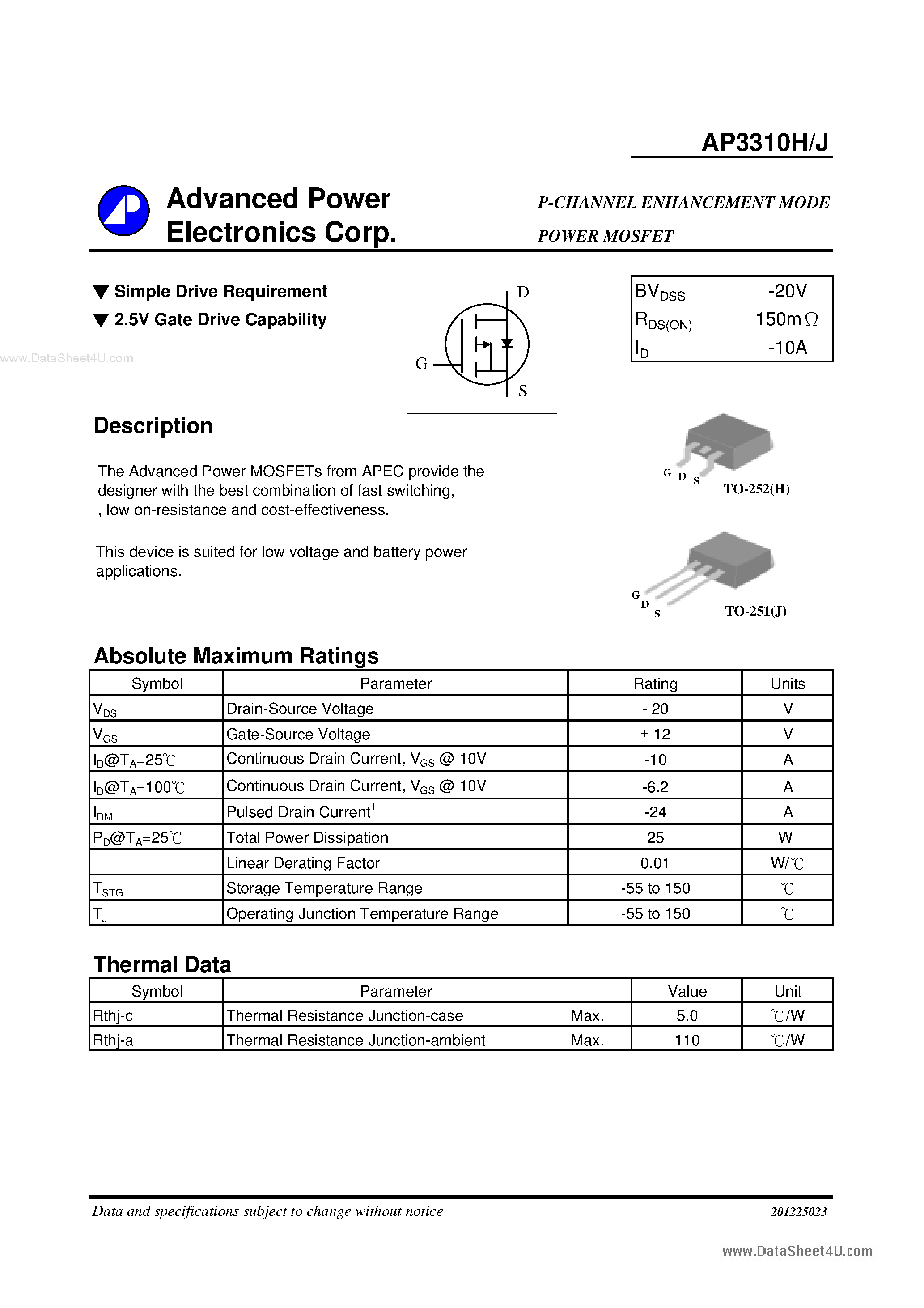 Даташит AP3310H - P-CHANNEL ENHANCEMENT MODE страница 1