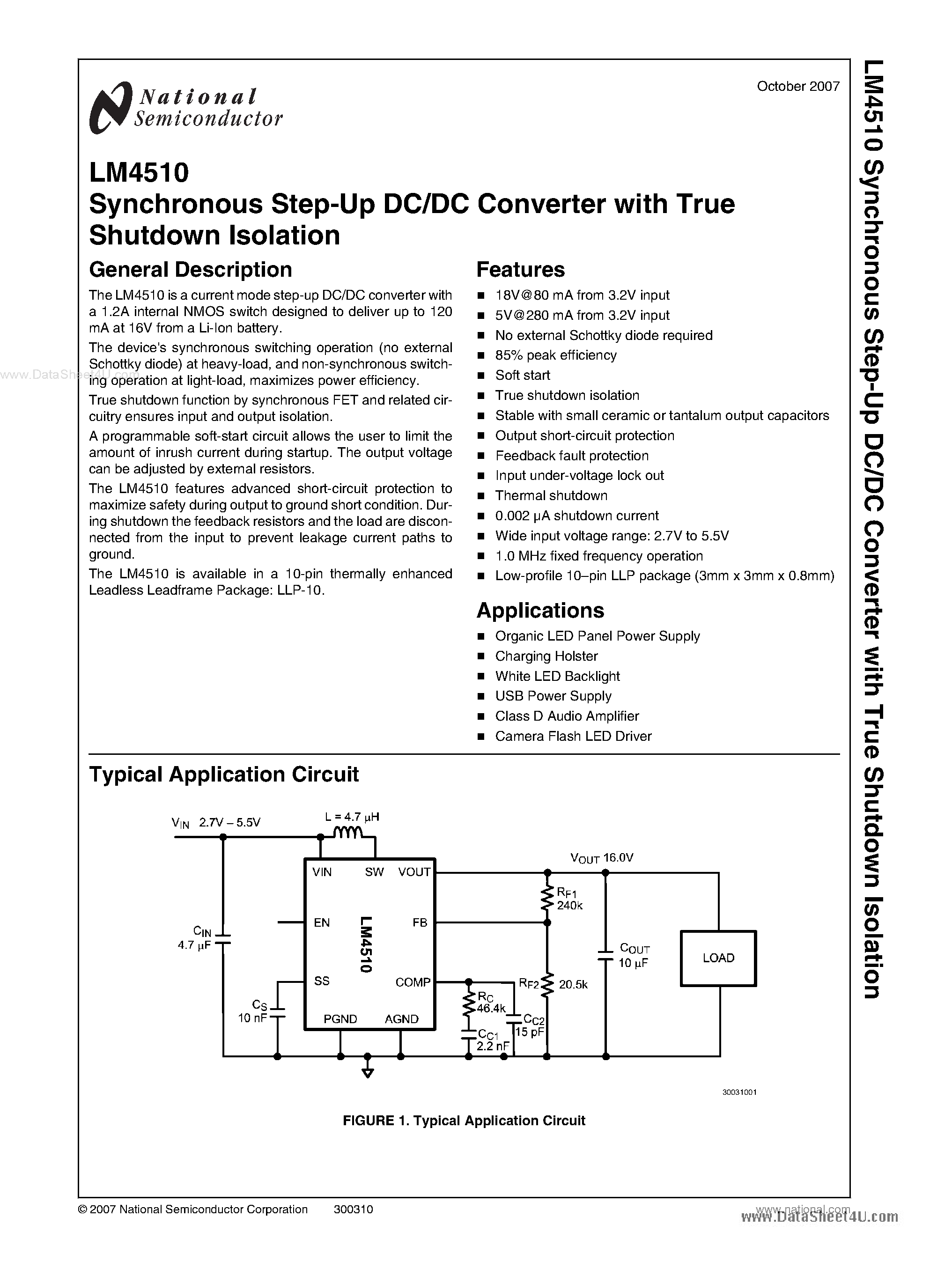 Datasheet LM4510 - Synchronous Step-Up DC/DC Converter page 1