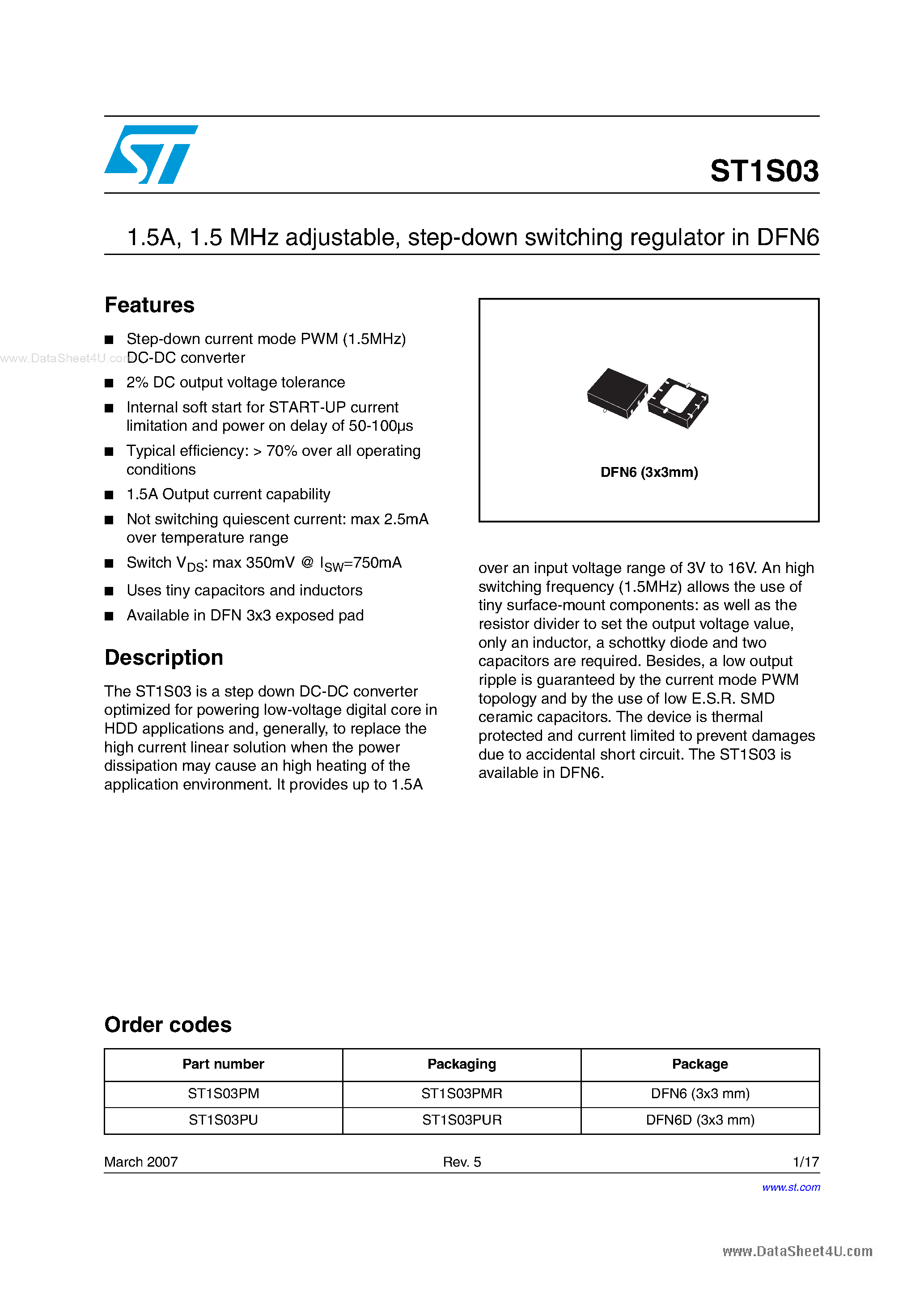 Datasheet ST1S03 page 1 Datasheet ST1S03 - step-down switching regulator page 1