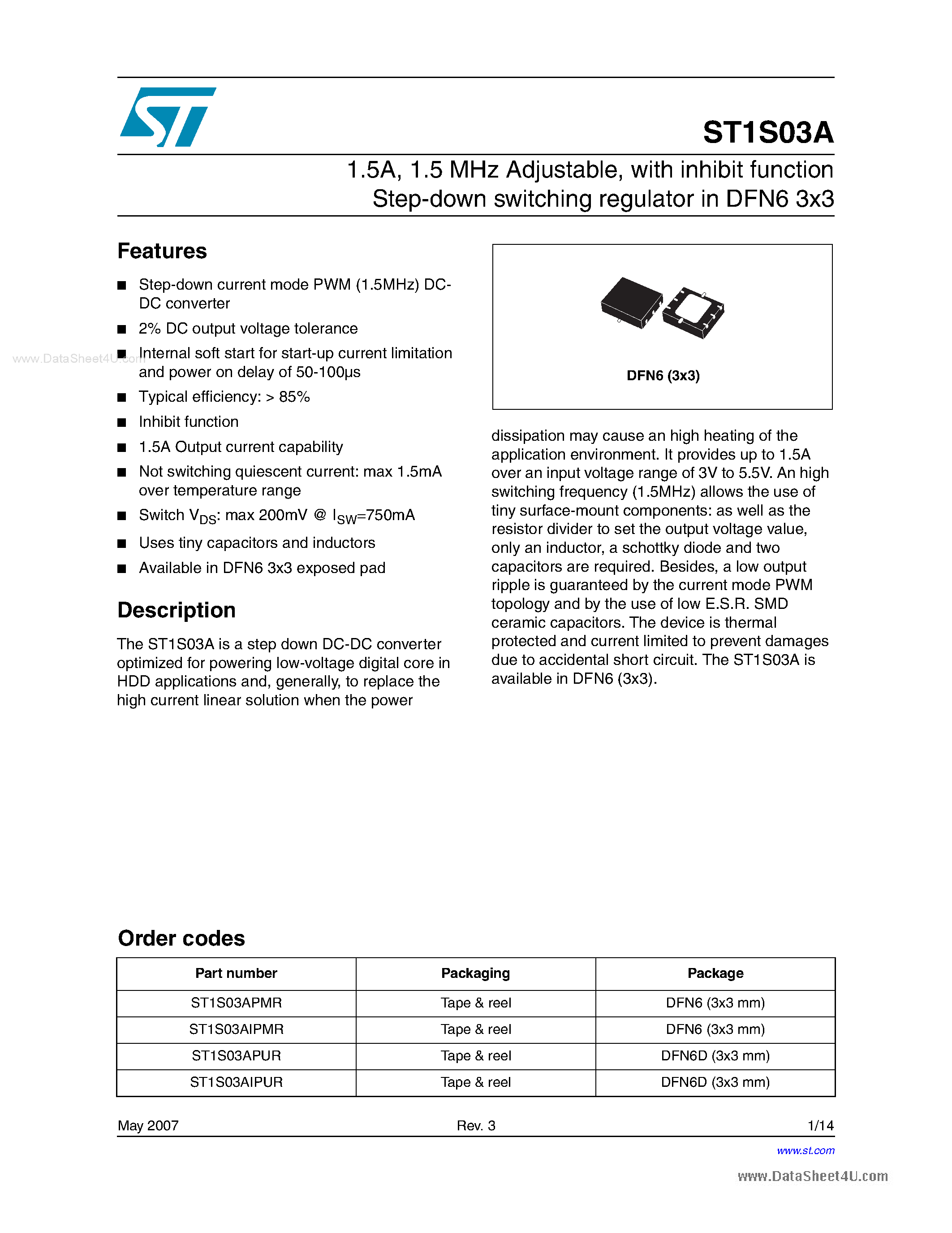 Datasheet ST1S03A page 1 Datasheet ST1S03A - step-down switching regulator page 1