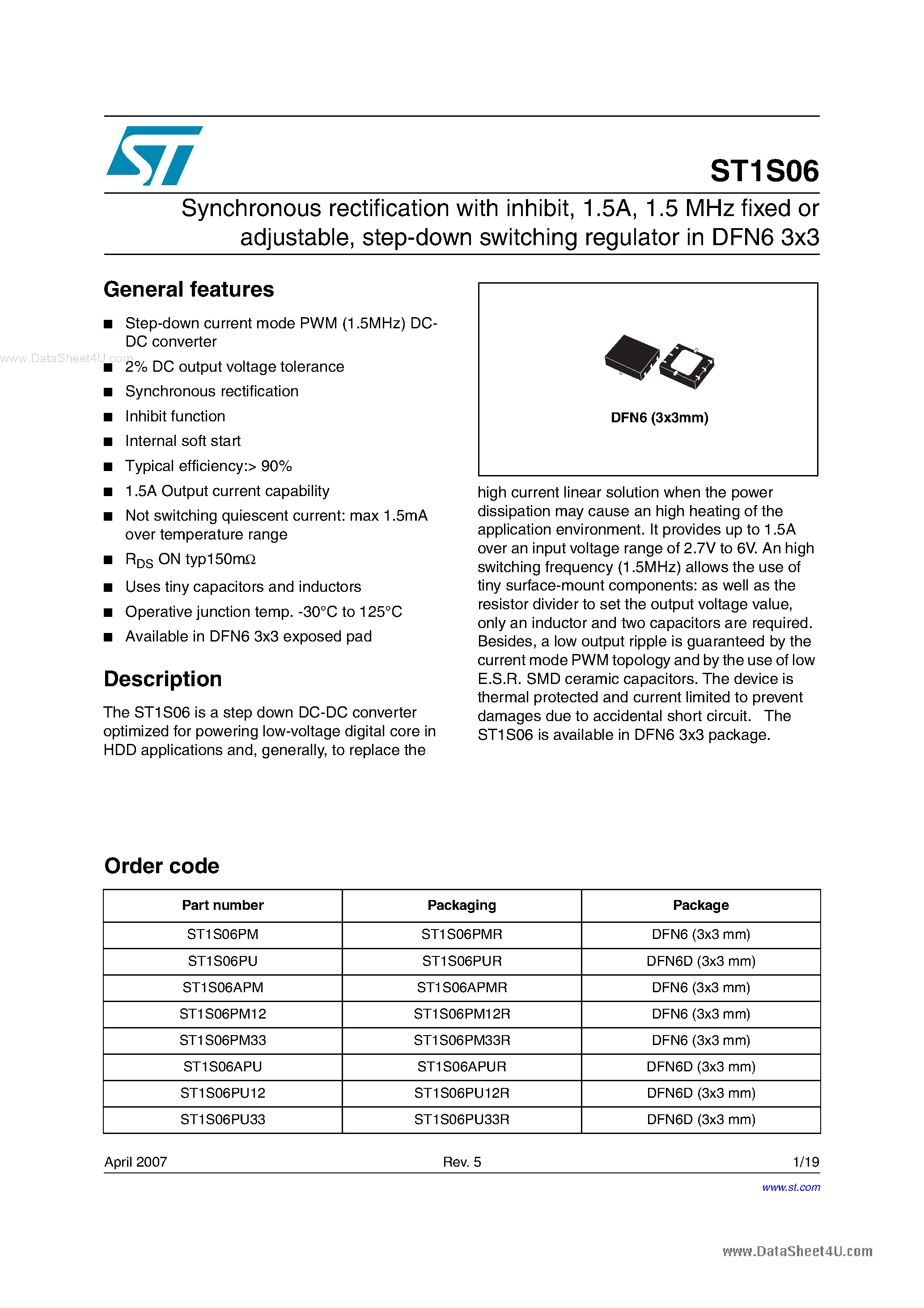 Datasheet ST1S06 page 1 Datasheet ST1S06 - Synchronous rectification page 1