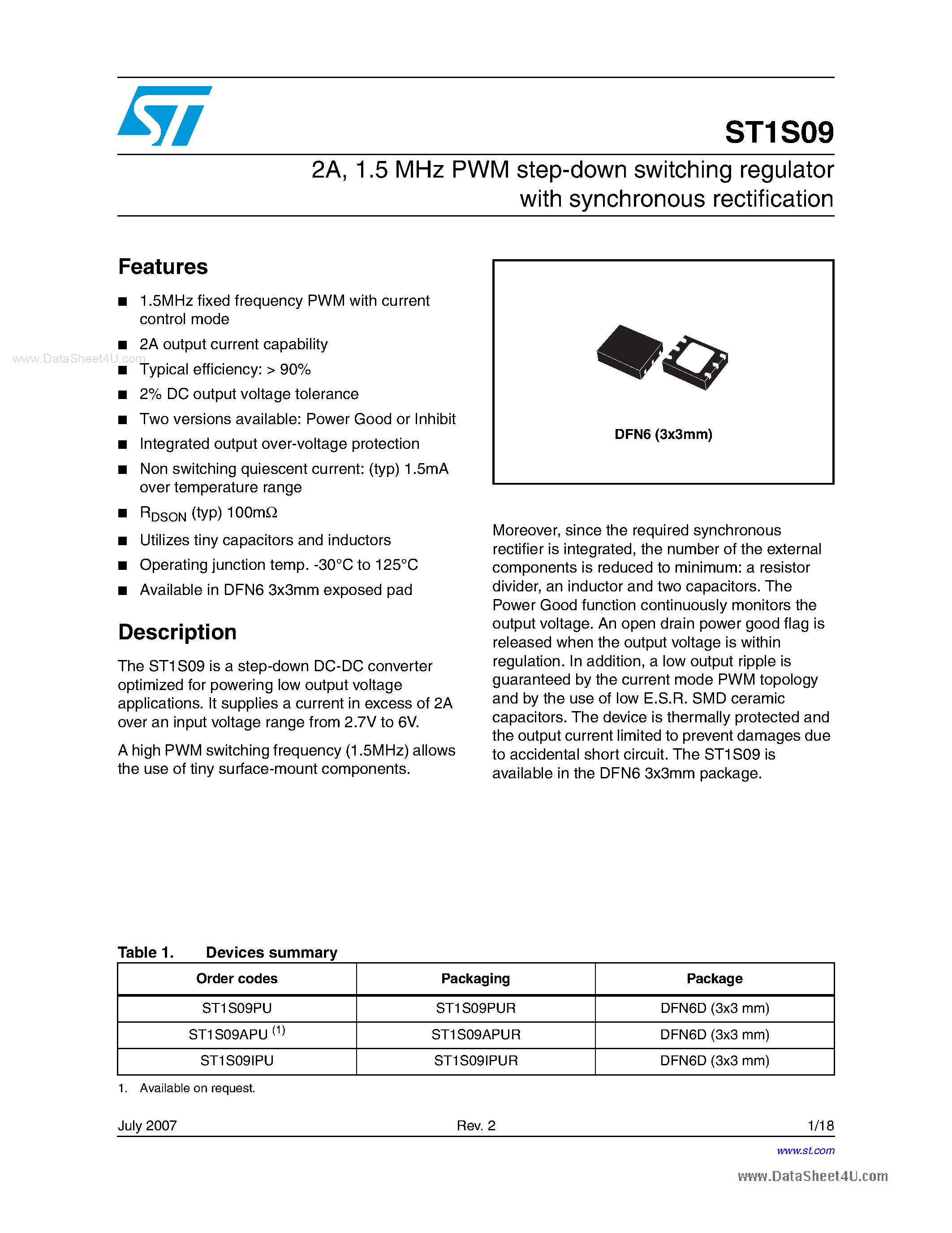 Datasheet ST1S09 page 1 Datasheet ST1S09 - 1.5 MHz PWM step-down switching regulator page 1