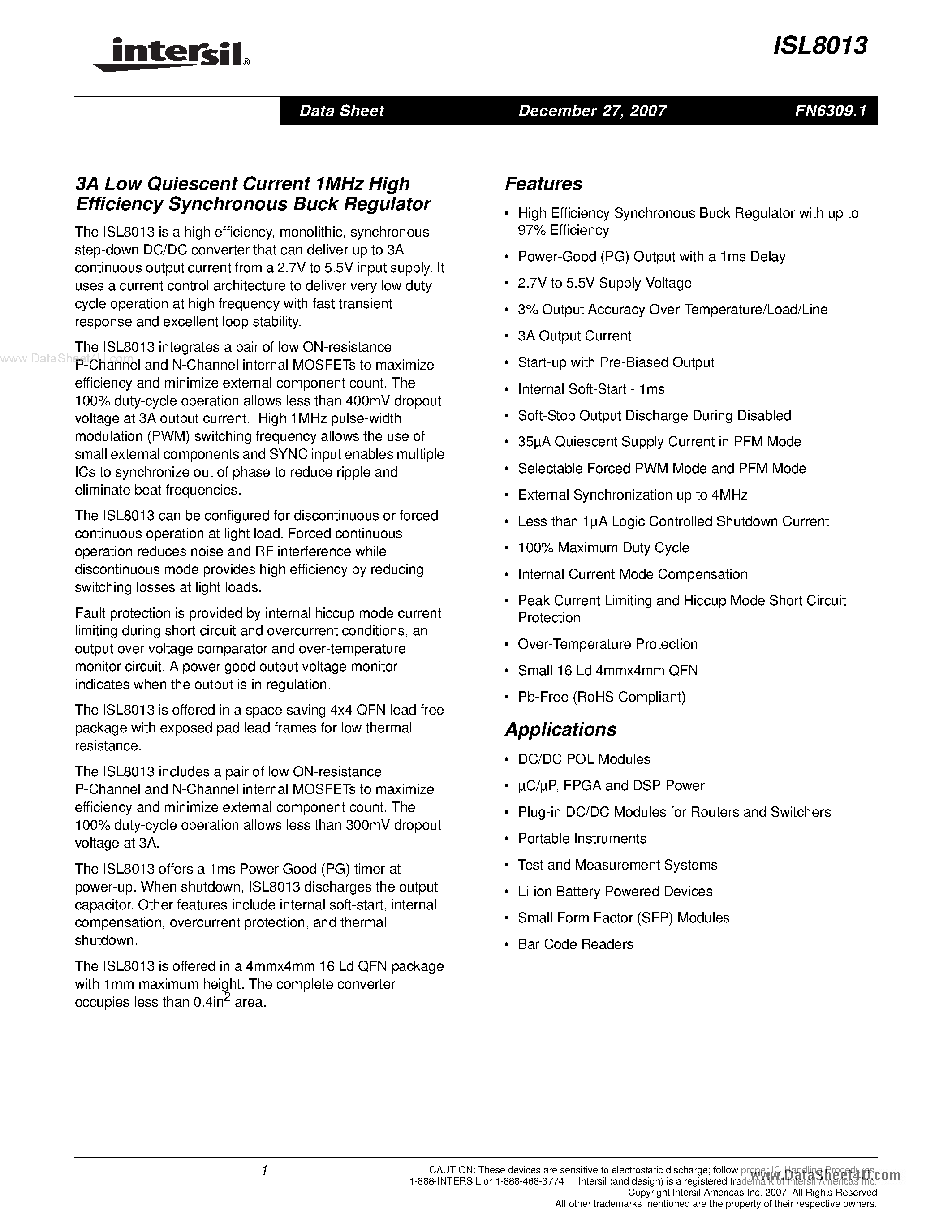 Datasheet ISL8013 page 1 Datasheet ISL8013 - 3A Low Quiescent Current 1MHz High Efficiency Synchronous Buck Regulator page 1