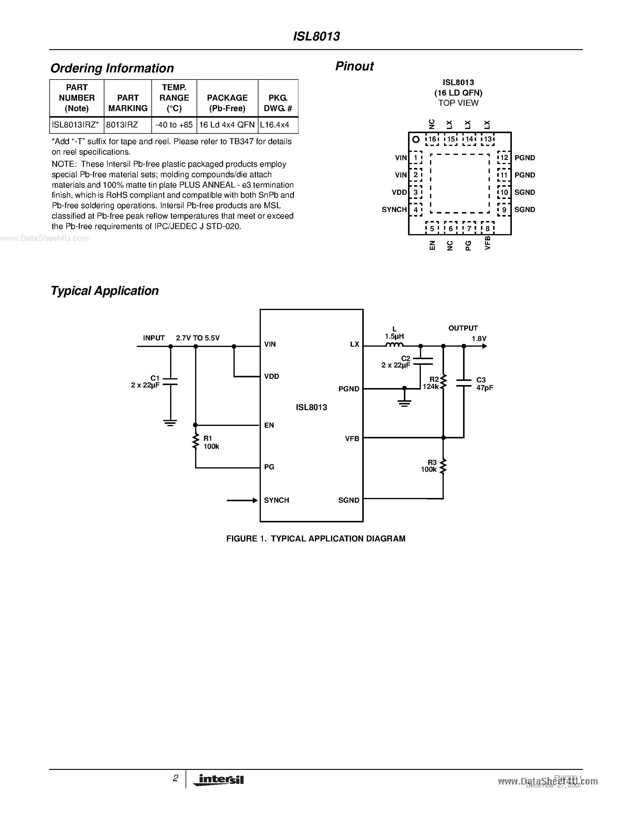 Datasheet ISL8013 page 2 Datasheet ISL8013 - 3A Low Quiescent Current 1MHz High Efficiency Synchronous Buck Regulator page 2